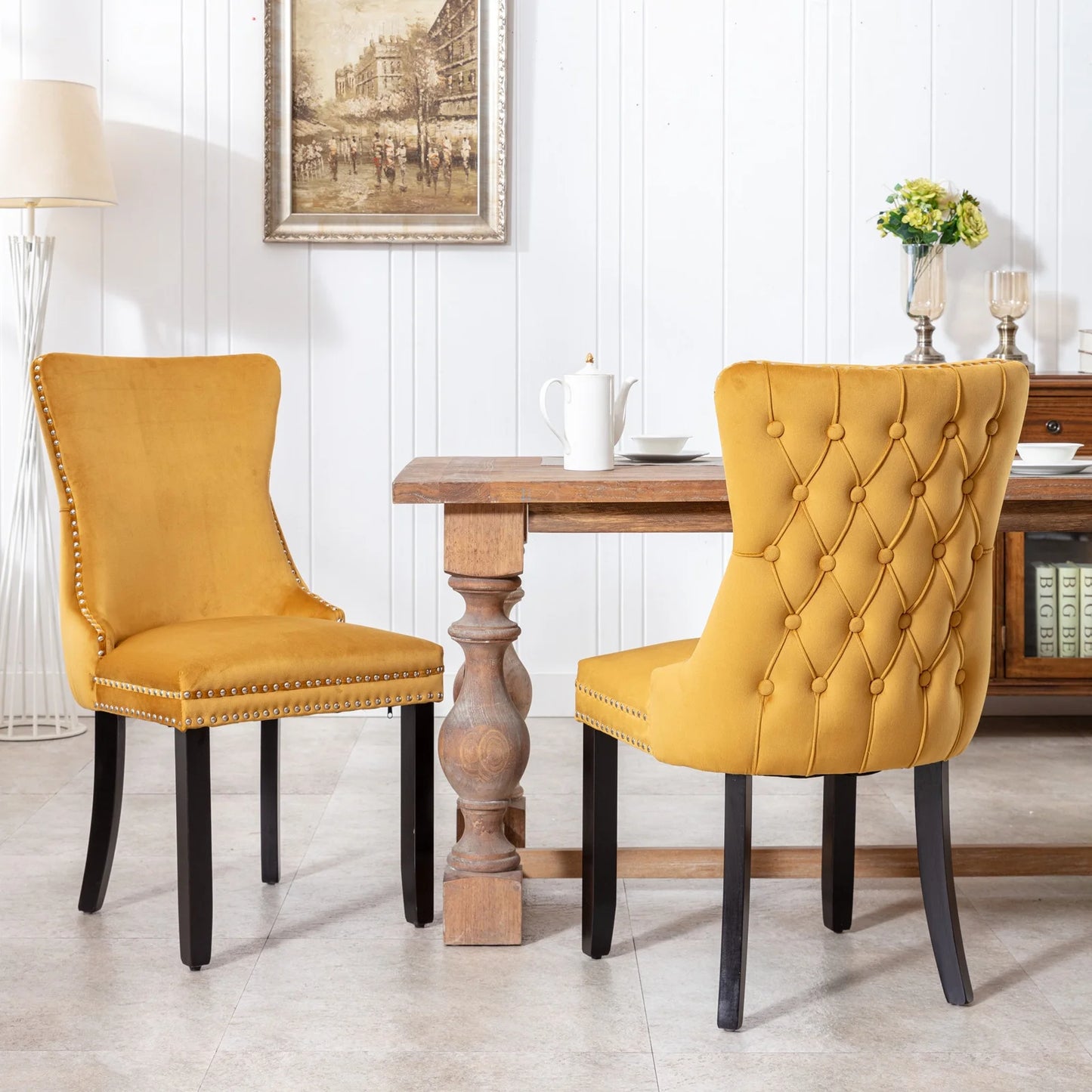 PORKISS Upholstered Dining Chairs Set of 2, Armless Side Chairs with Backstitching Nailhead Trim and Solid Wood Legs, Modern Velvet High Back Chairs, Golden