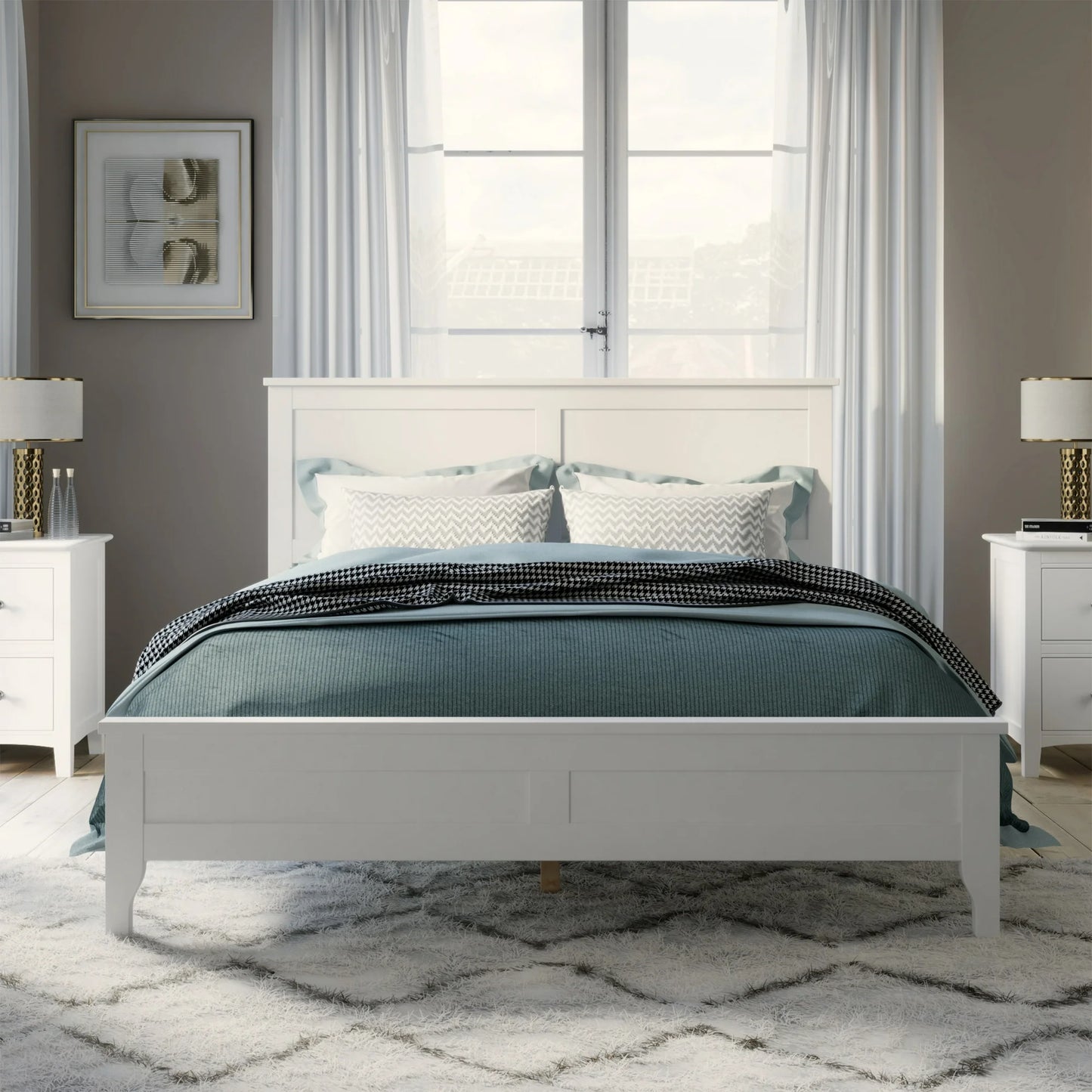 PORKISS Full Size Bed Frame for Solid Wood, Platform Bed Frame with Headboard, Holds 600 lb, No Box Spring Needed, White