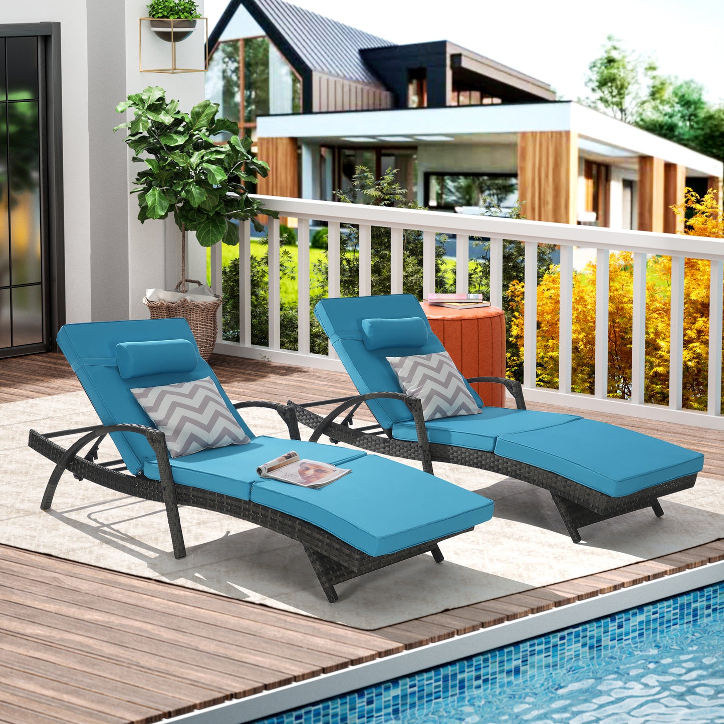 Outdoor Chaise Lounge Chair Set of 2, Rattan Patio Chaise Lounge Chair with Cushion and Arms, Modern 5-Positions Adjustable Outdoor Lounger Recliner for Poolside, Garden, Backyard, Light Gray