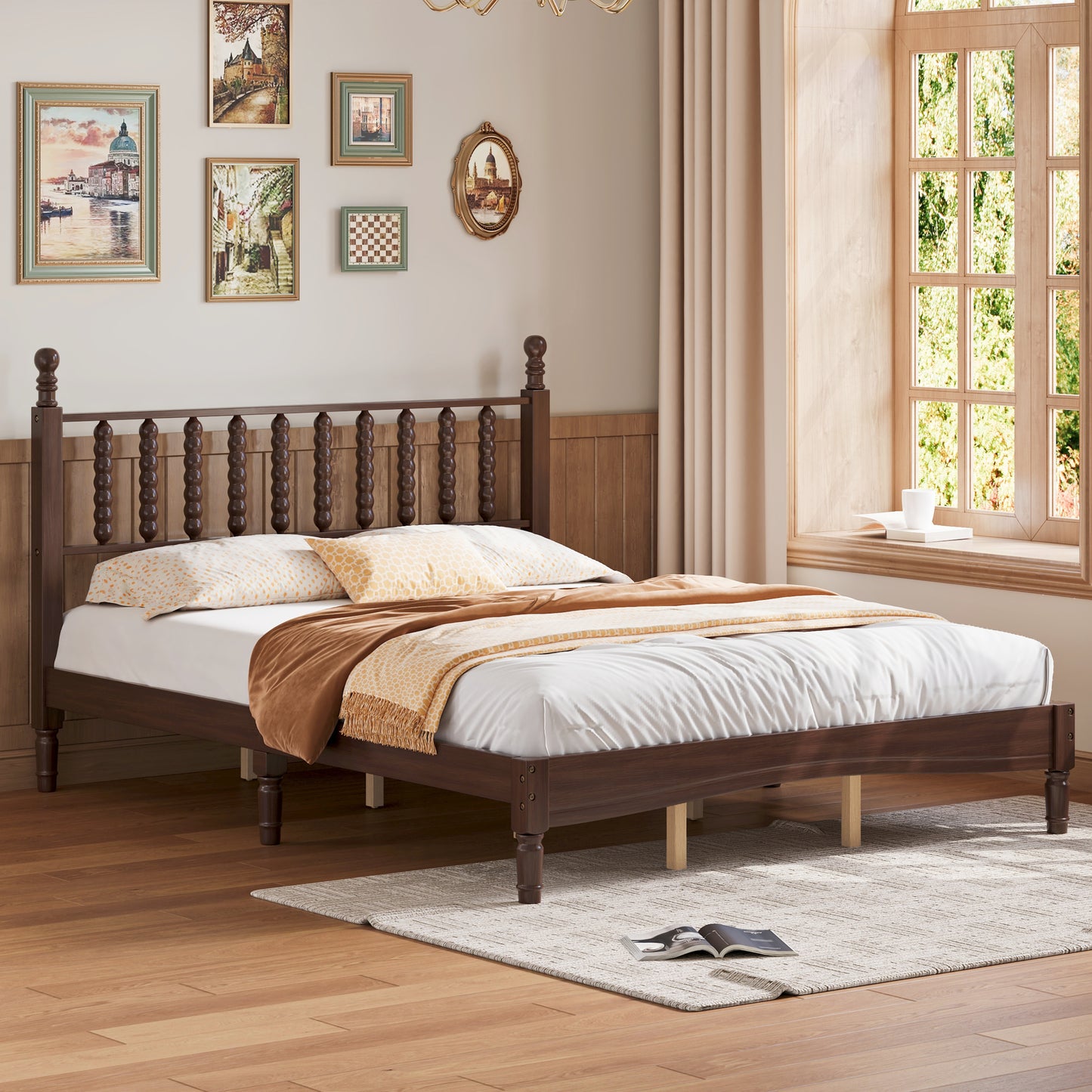 Platform Bed Frame, Wood Queen Bed Frame with Gourd Shaped Headboard for Bedroom, Modern Queen Size Bed with Wood Slat Support, Holds 500 lb, No Box Spring Needed, White
