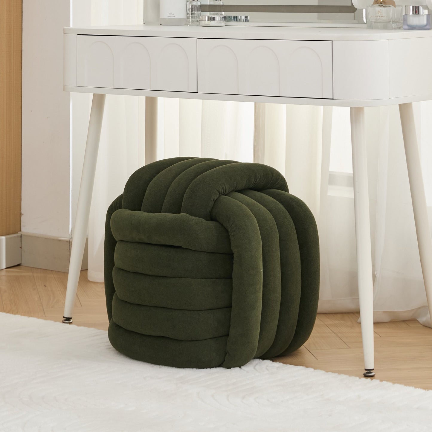PORKISS Foot Stool, Vanity Stool Chair with Chenille Fabric, Soft Ottoman Footrest Stool with Modern Knot Design for Vanity, Living Room, Bedroom, Entryway, Office, Orange