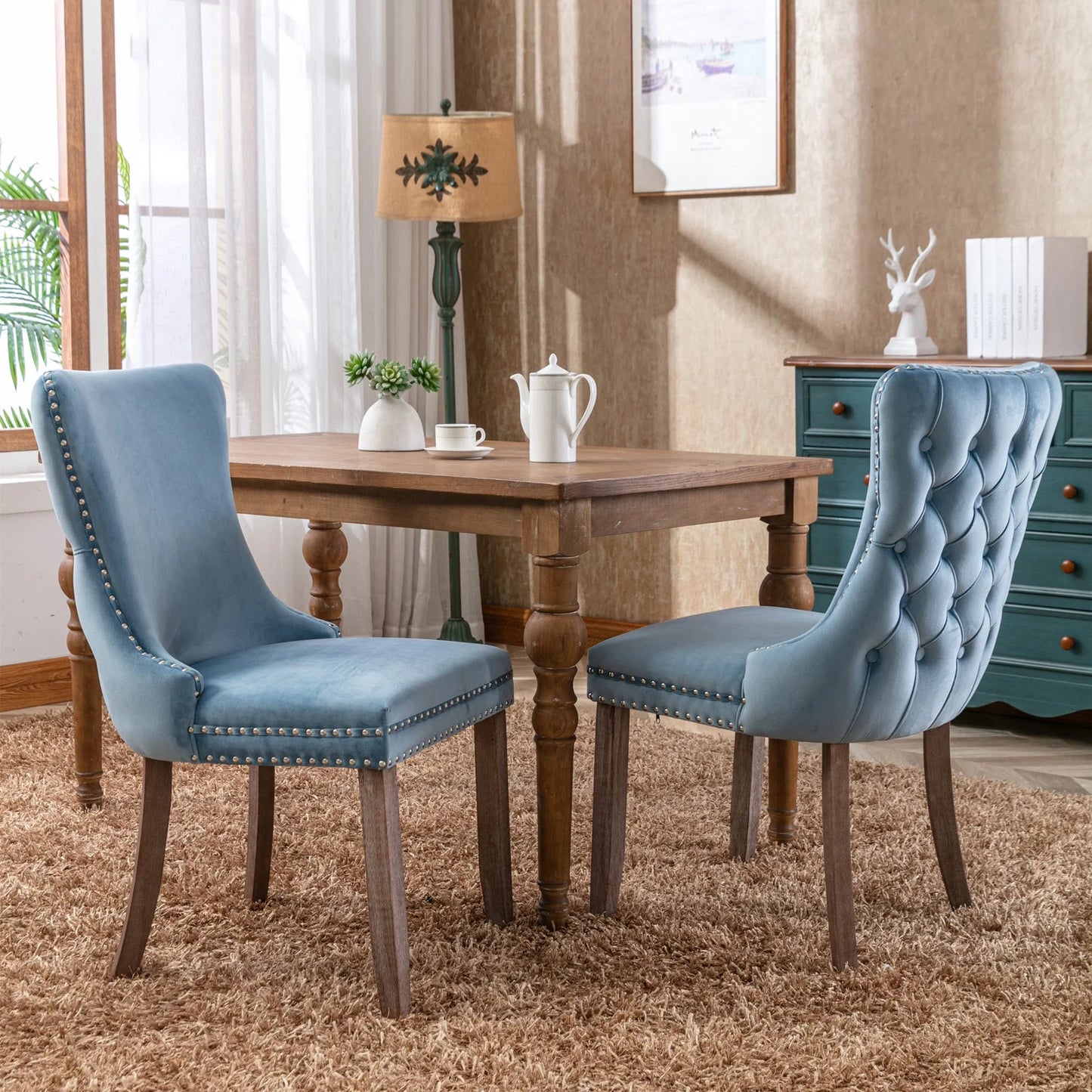 PORKISS Upholstered Dining Chairs Set of 2, Armless Side Chairs with Backstitching Nailhead Trim and Solid Wood Legs, Modern Velvet High Back Chairs, Golden