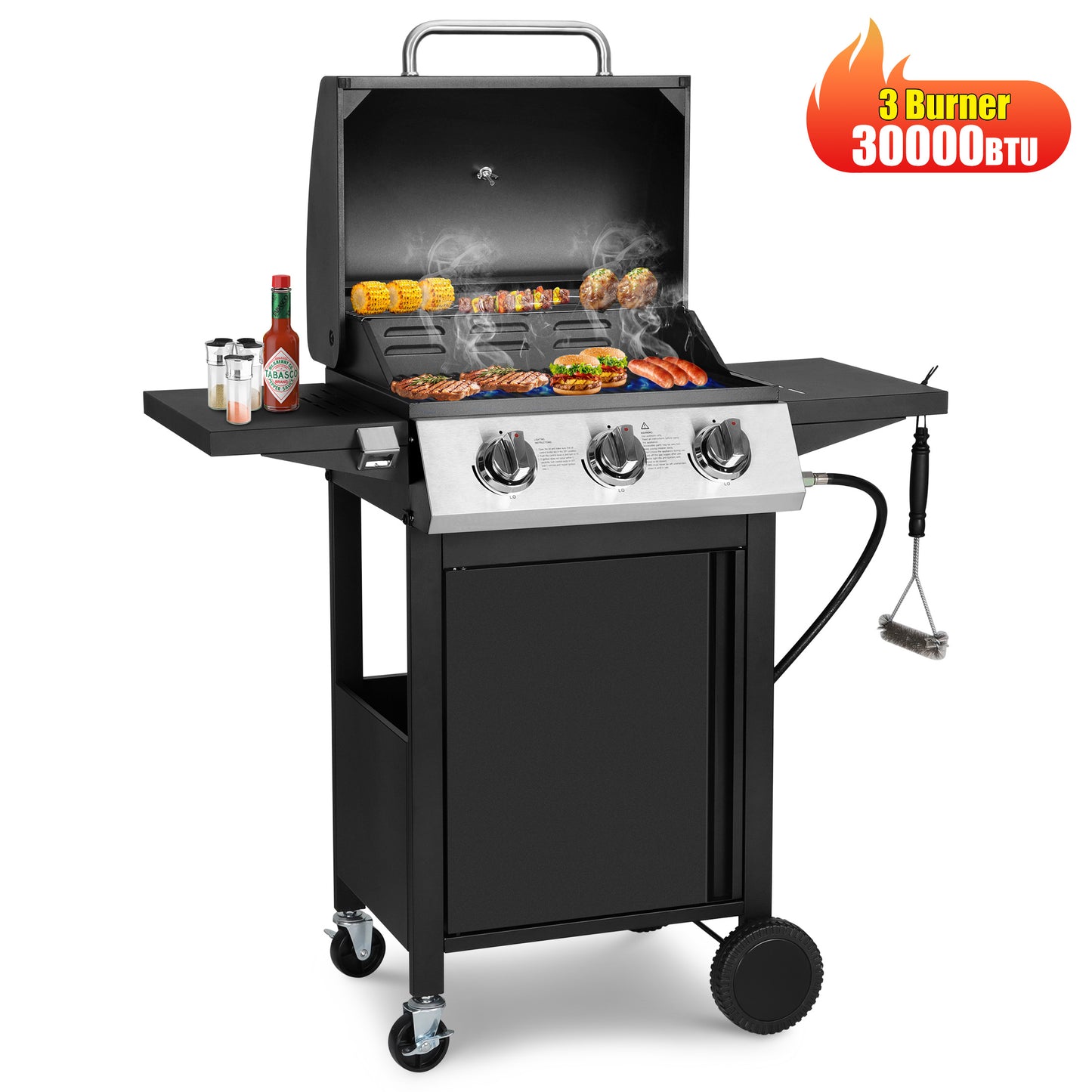 3 Burner Propane Gas Grill, 30,000 BTU Stainless Steel Barbecue Grill with Cleaning Brush and Thermometer, Outdoor Cooking BBQ Camping Grill