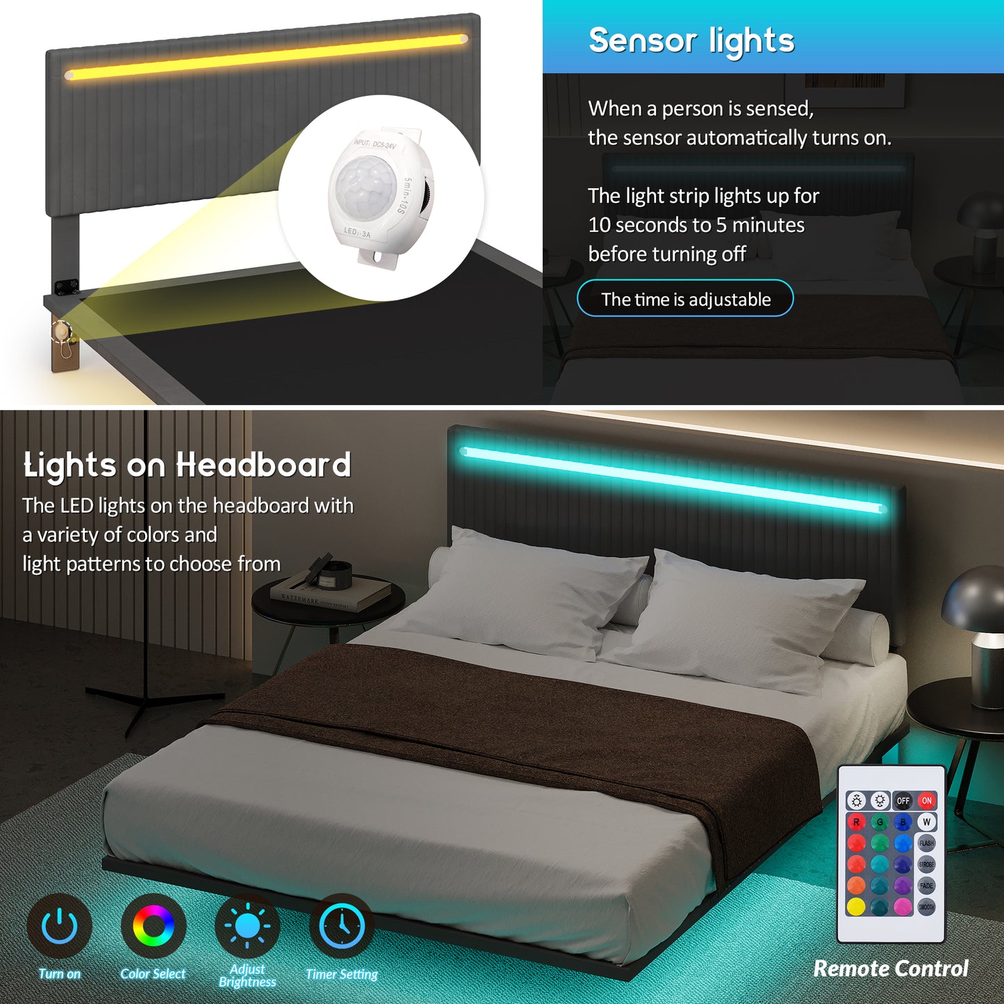 Queen Floating Bed Frame, Upholstered Velvet Platform Bed Frame with Adjustable Headboard, RGB LED Lights, Modern Queen Bed Frame with Underbed Sensor Lights, No Box Spring Needed, Beige