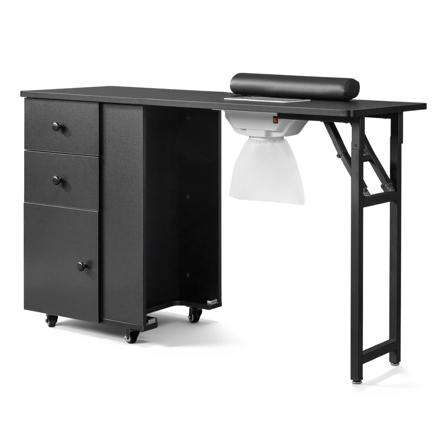 SESSLIFE Portable Nail Tech Table, Foldable Manicure Table with 2 Drawers and Cabinet, Mobile Nail Station on Wheels, Black MDF Nail Desk for Home Salon and Professional Use, Black
