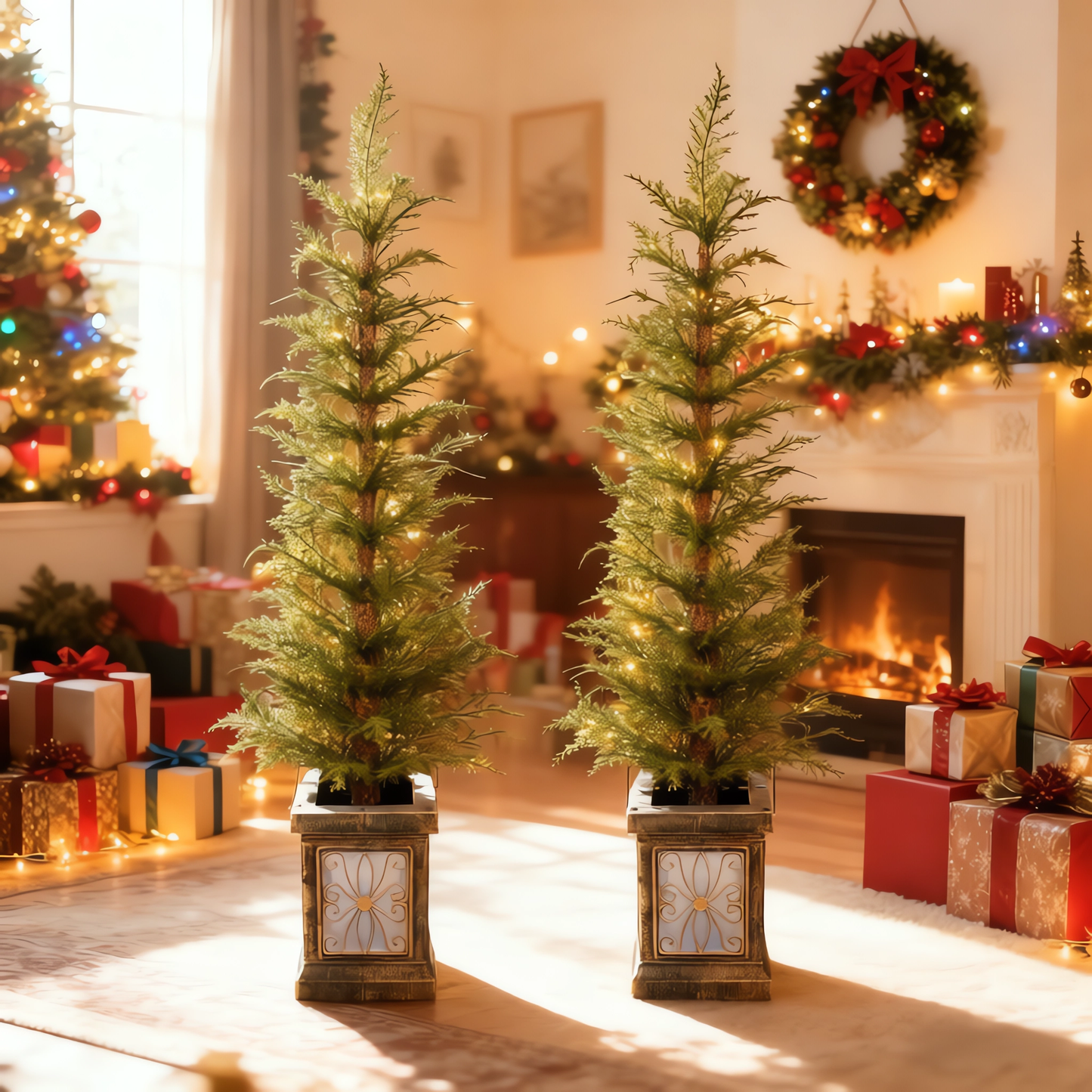 3-Piece Pre-Lit Christmas Wreath Set, SESSLIFE Artificial Norfolk-Style Wreath and Entrance Trees for Holiday Home Decor, Easy Assembly, White-Green
