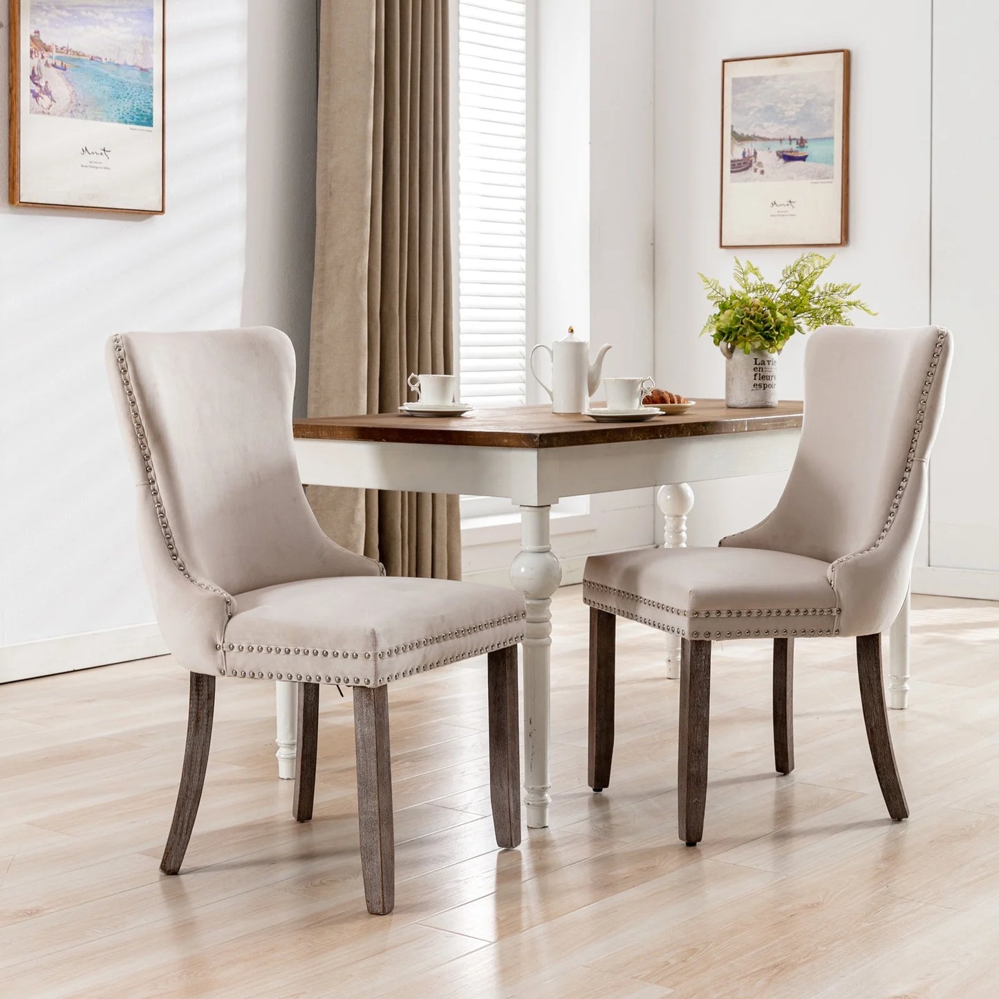 PORKISS Upholstered Dining Chairs Set of 2, Armless Side Chairs with Backstitching Nailhead Trim and Solid Wood Legs, Modern Velvet High Back Chairs, Golden