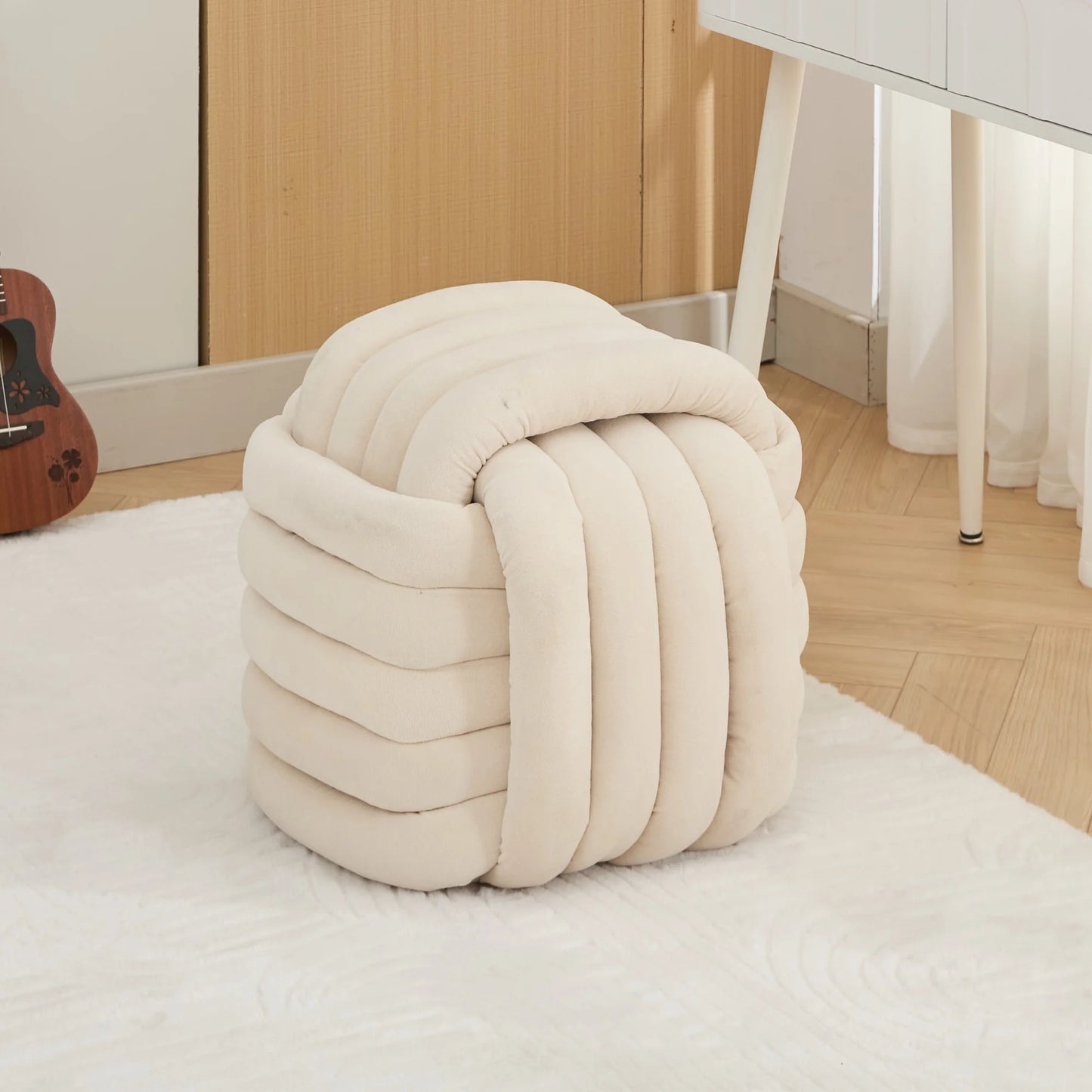 PORKISS Foot Stool, Vanity Stool Chair with Chenille Fabric, Soft Ottoman Footrest Stool with Modern Knot Design for Vanity, Living Room, Bedroom, Entryway, Office, Orange
