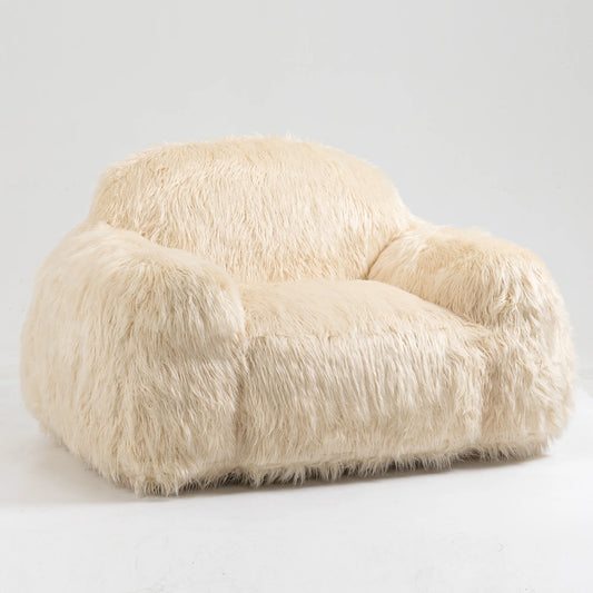 PORKISS Faux Fur Bean Bag Chair for Teens Adults, Long Hair Big Comfy Chair Sofa for Bedroom Living Room, Single Sofa Lounger Memory Foam Chair, Beige