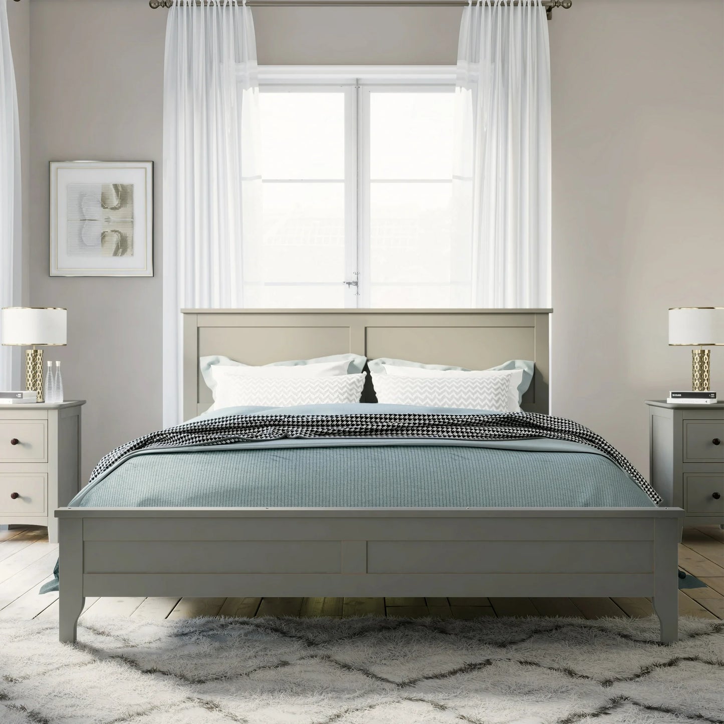 PORKISS Full Size Bed Frame for Solid Wood, Platform Bed Frame with Headboard, Holds 600 lb, No Box Spring Needed, White