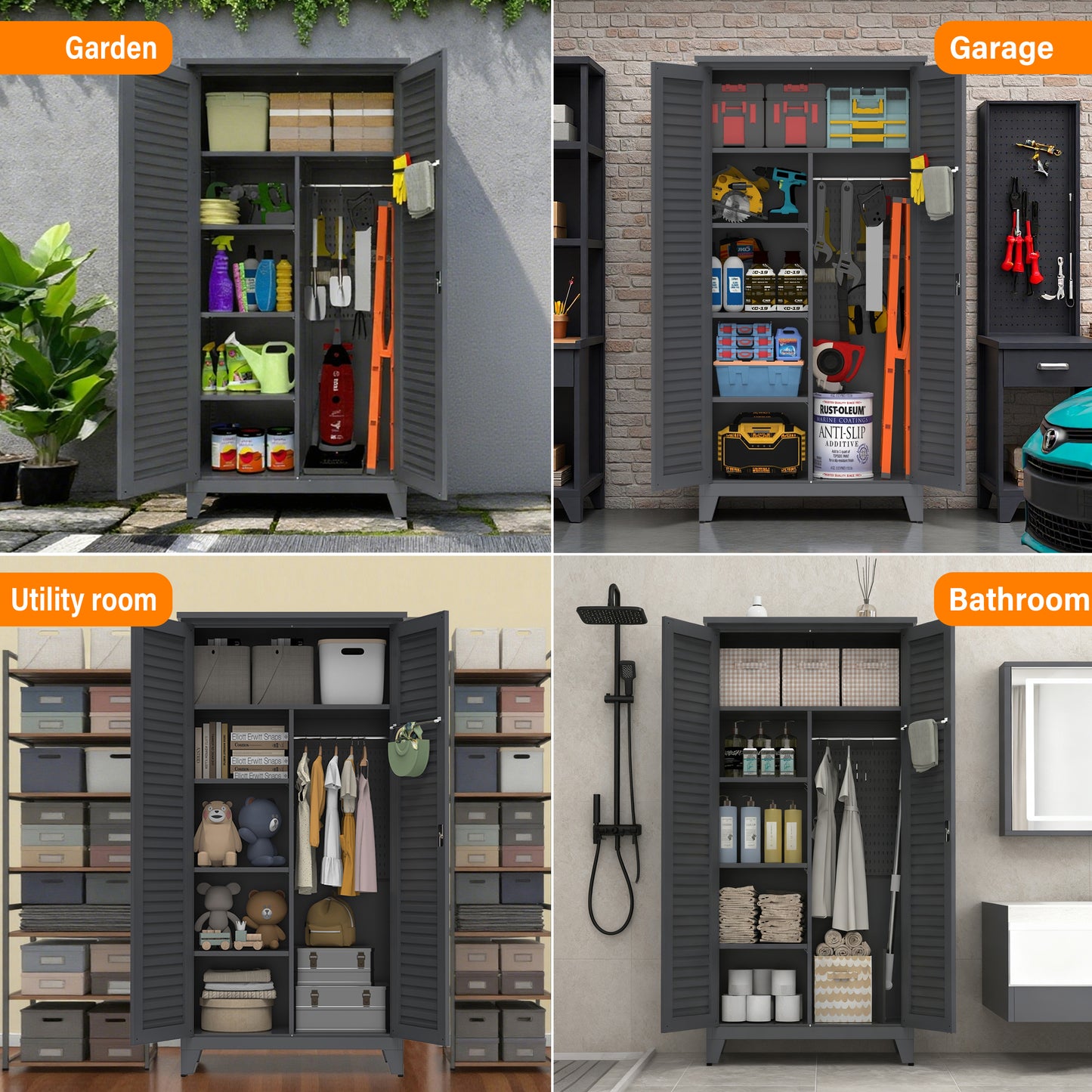 73" Tall Storage Cabinet 73", SESSLIFE Heavy-Duty Metal Cabinet with Adjustable Shelves, Freestanding Utility Cabinet with Doors for Garage, Kitchen, Office, Slate Steel