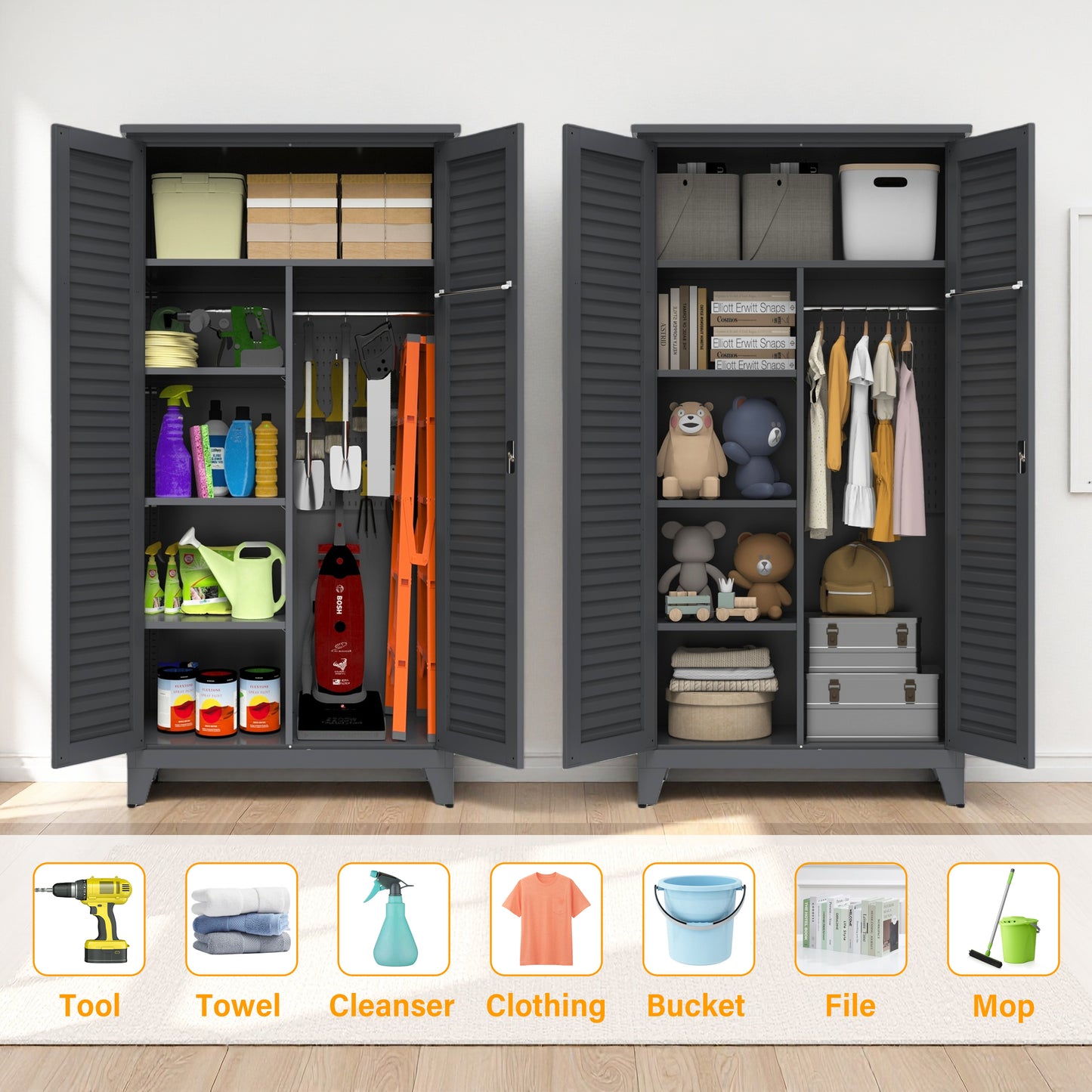 73" Tall Storage Cabinet 73", SESSLIFE Heavy-Duty Metal Cabinet with Adjustable Shelves, Freestanding Utility Cabinet with Doors for Garage, Kitchen, Office, Slate Steel