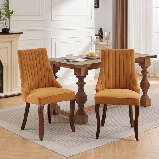 Upholstered Dining Chairs Set of 2, Linen Dining Room Chair with Curved Solid Wood Legs, Modern Accent Chair for Kitchen