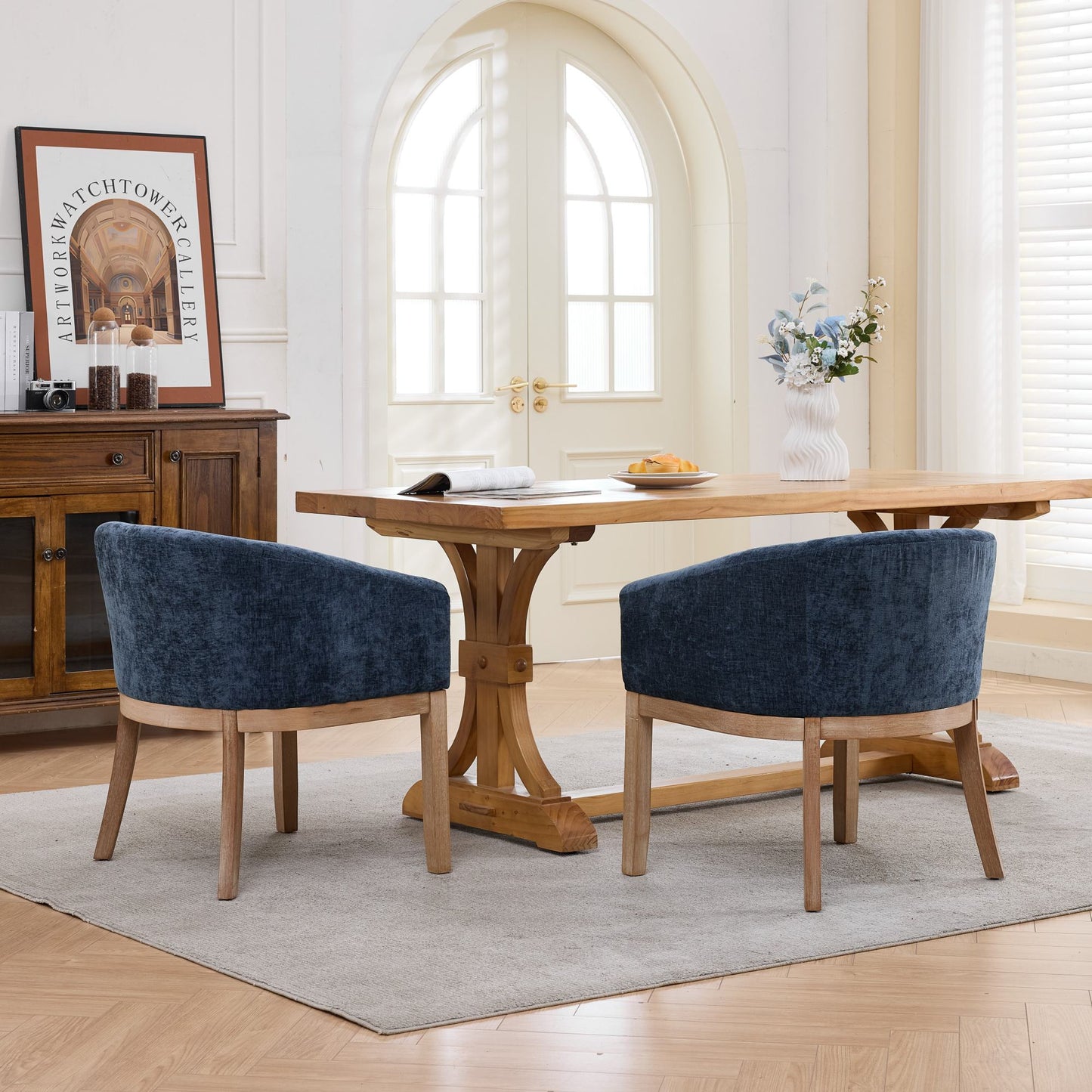 Sesslife Upholstered Dining Chairs Set of 4, Modern Linen Barrel Dining Room Chairs with Arms, Wood Legs, Mid Century 19” W Accent Chair, Kitchen Chairs for Dining Room, Living Room, Bedroom
