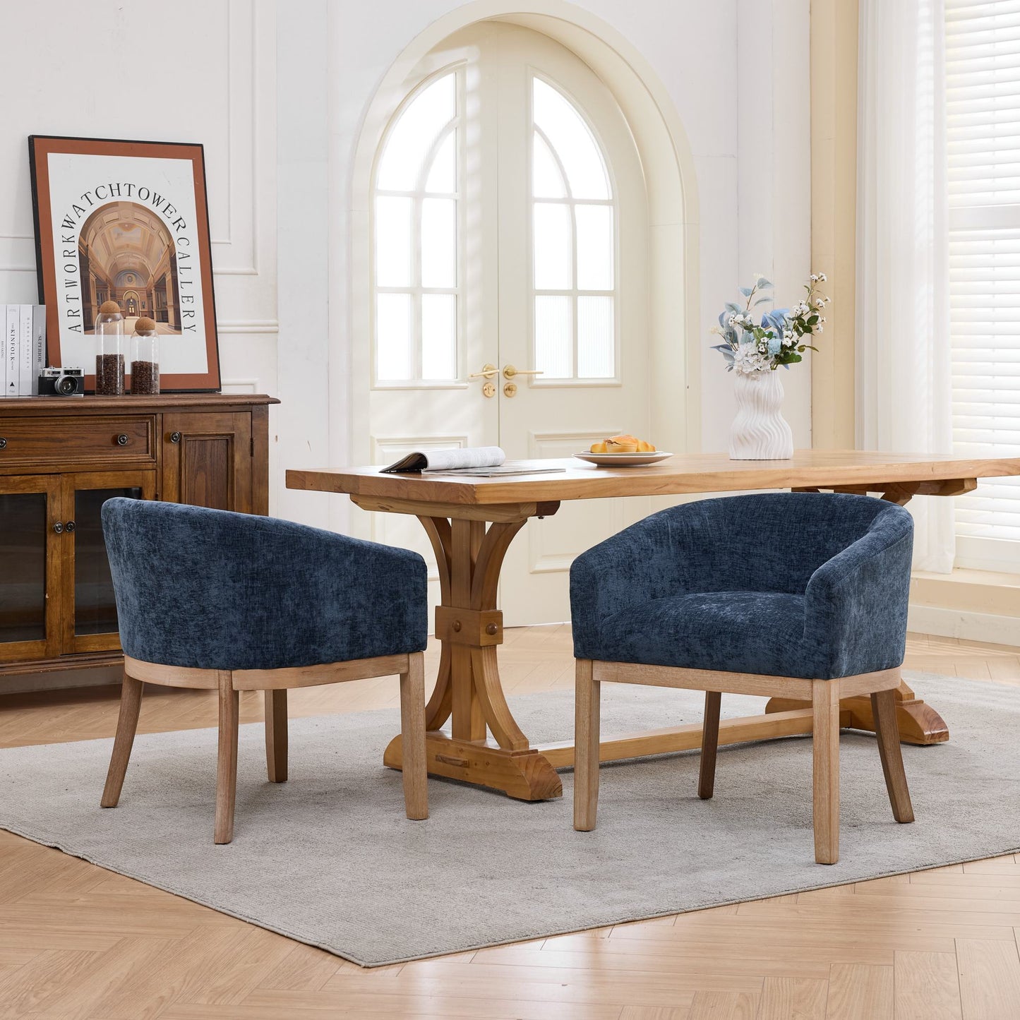 Sesslife Upholstered Dining Chairs Set of 4, Modern Linen Barrel Dining Room Chairs with Arms, Wood Legs, Mid Century 19” W Accent Chair, Kitchen Chairs for Dining Room, Living Room, Bedroom