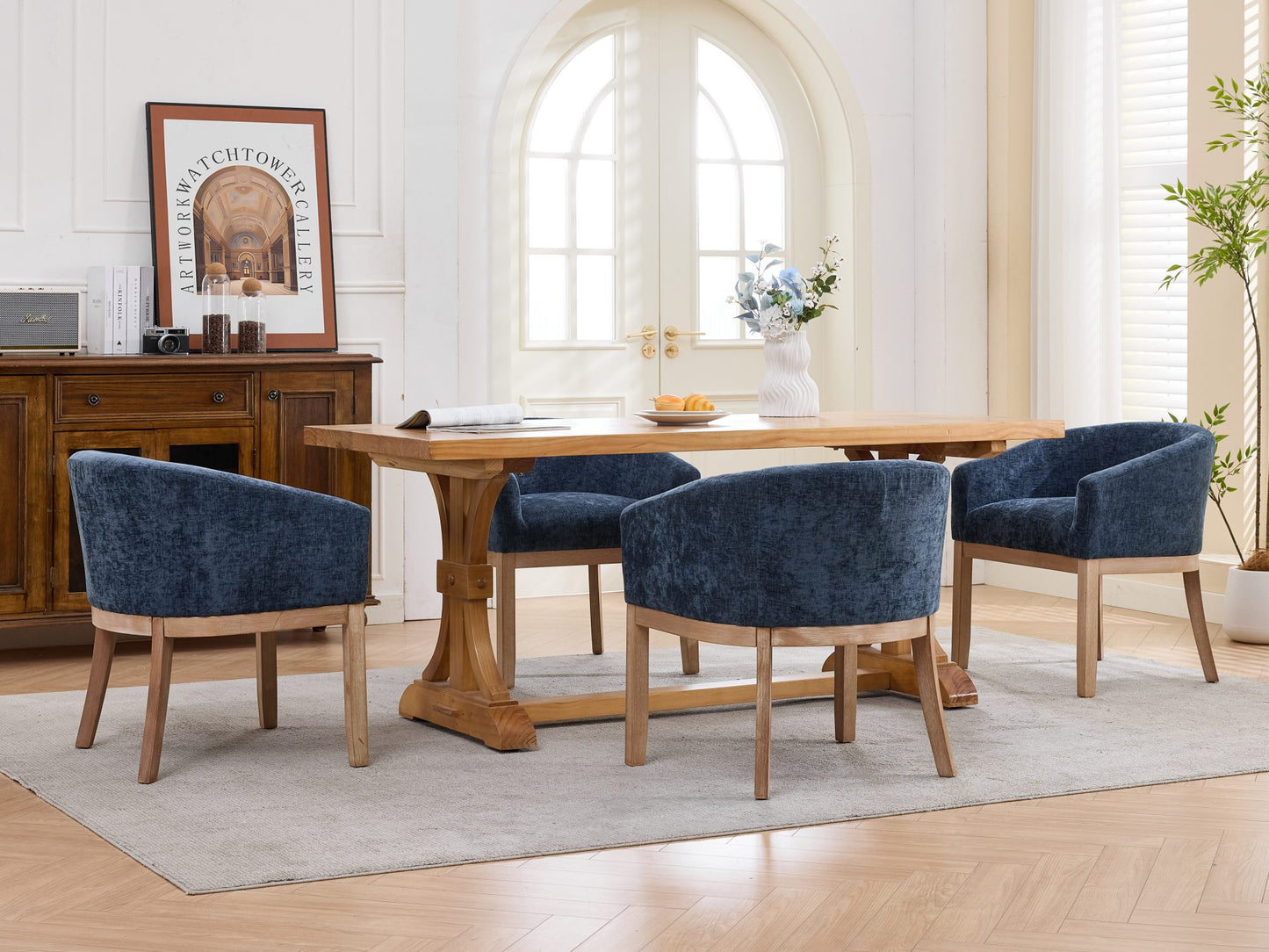 Sesslife Upholstered Dining Chairs Set of 4, Modern Linen Barrel Dining Room Chairs with Arms, Wood Legs, Mid Century 19” W Accent Chair, Kitchen Chairs for Dining Room, Living Room, Bedroom