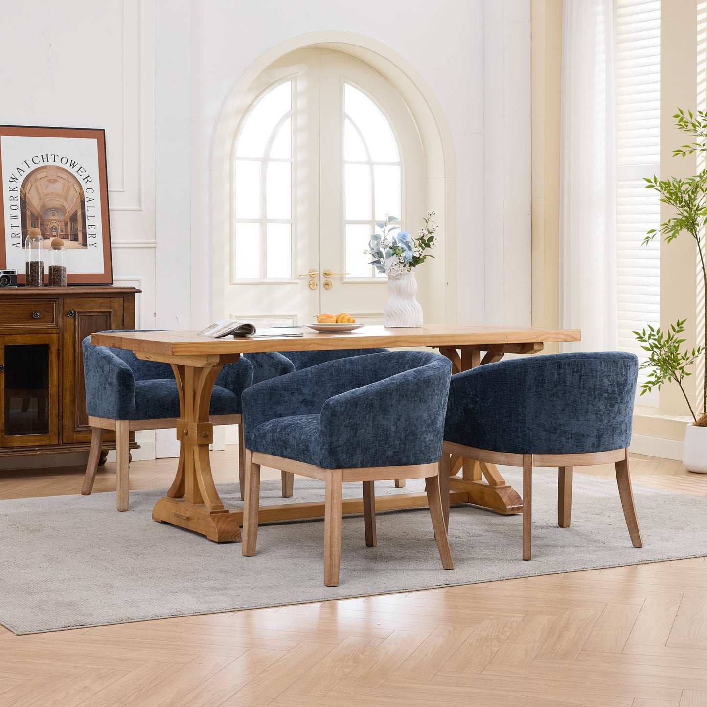 Sesslife Upholstered Dining Chairs Set of 4, Modern Linen Barrel Dining Room Chairs with Arms, Wood Legs, Mid Century 19” W Accent Chair, Kitchen Chairs for Dining Room, Living Room, Bedroom