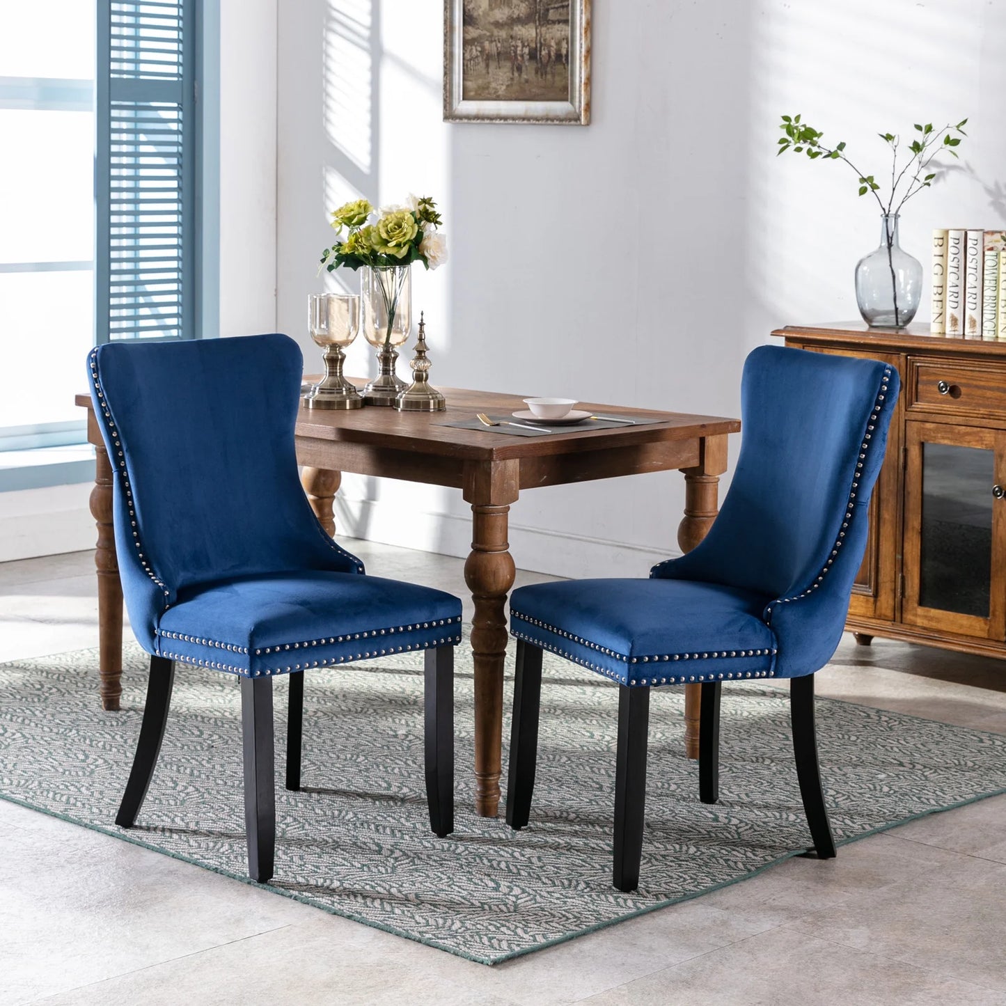 PORKISS Upholstered Dining Chairs Set of 2, Armless Side Chairs with Backstitching Nailhead Trim and Solid Wood Legs, Modern Velvet High Back Chairs, Golden