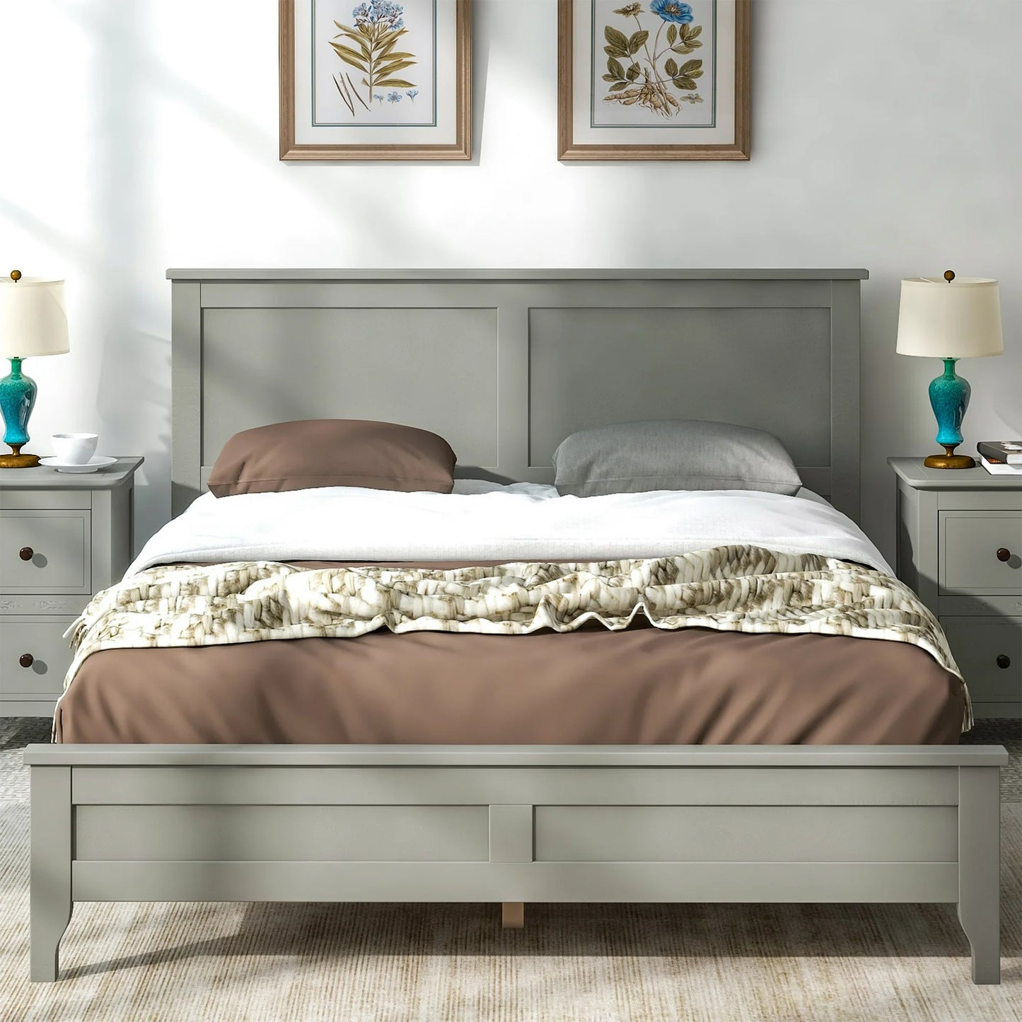 PORKISS Full Size Bed Frame for Solid Wood, Platform Bed Frame with Headboard, Holds 600 lb, No Box Spring Needed, White