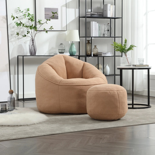 PORKISS Oversized Bean Bag Chair with Ottoman, Memory Foam Super Soft Lazy Couch for Adults Teens Kids, Microfiber Tan