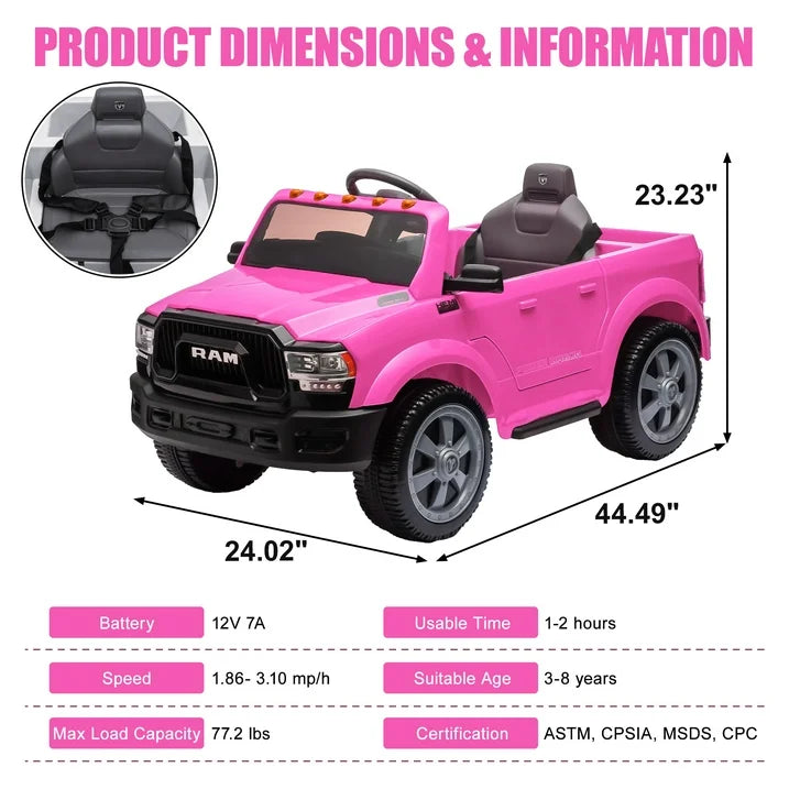 Ram Ride on Car Toys, 12V RAM 2500 Powered Ride on Toy Truck with Remote Control, Electric Car for Kids Girls 3-5 w/ Bluetooth, Rear Storage Trunk, Safety Belt, Rear Wheel Suspension, Pink
