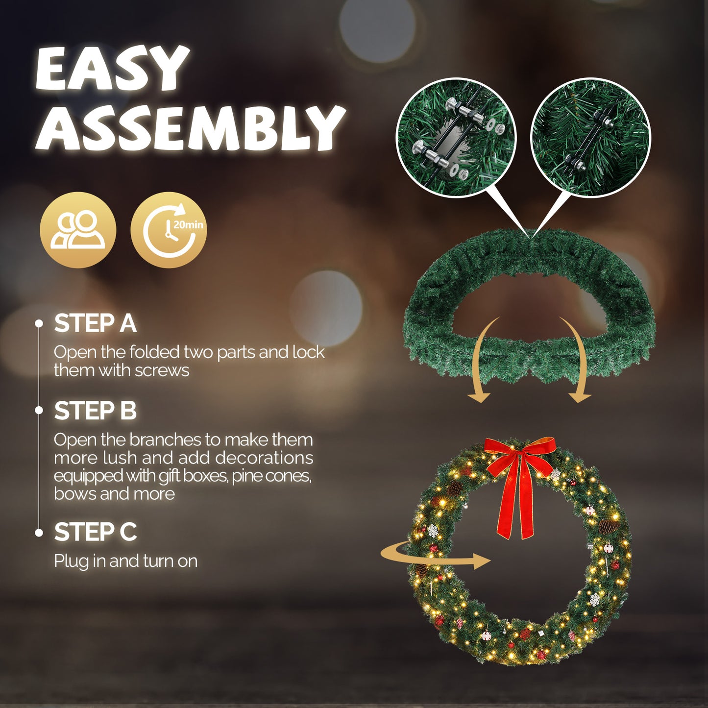 48inch Pre-Lit Christmas Wreath, SESSLIFE Large Outdoor Christmas Wreath with LED Lights, Large Bow and Remote Control, Full Outdoor Wreath for Front Door, Gate, Green