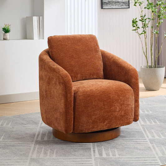 PORKISS 30.3"W Swivel Barrel Chair with Pillow, Chenille Fabric Upholstered Accent Club Armchair with Metal Swivel Ring, 360 Degree Club Chair, Single Leisure Sofa Chair, Caramel