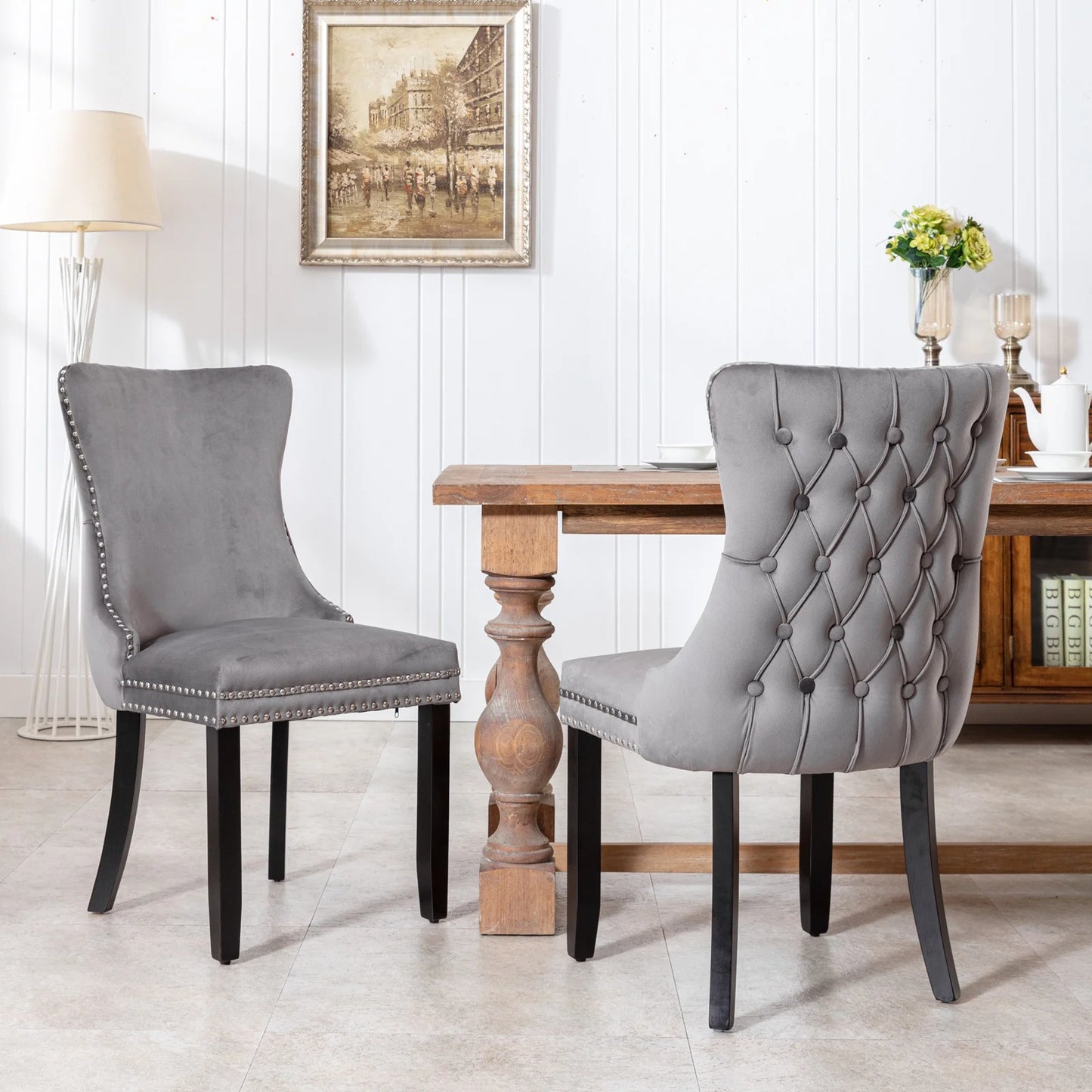 PORKISS Upholstered Dining Chairs Set of 2, Armless Side Chairs with Backstitching Nailhead Trim and Solid Wood Legs, Modern Velvet High Back Chairs, Golden
