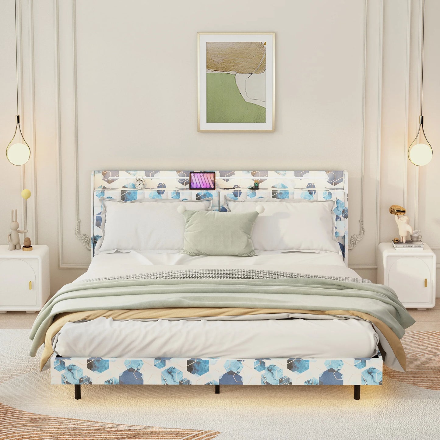 PORKISS Queen Size Platform Bed Frame with LED Light and Charging Station, Velvet Fabric Upholstered Platform Bed Frame with Storage Headboard, Blue Geometry