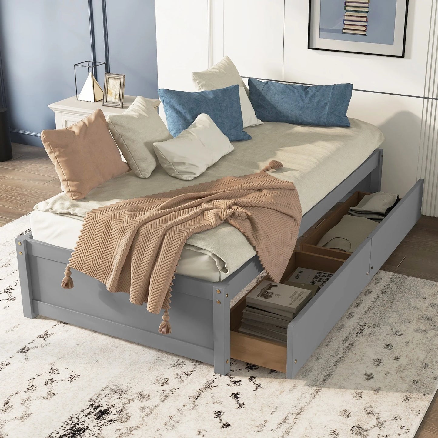 PORKISS Twin Bed for Kids with Storage Drawers, Upgrade Solid Wood Platform Bed, Kids Bed Furniture, No Box Spring Needed, White