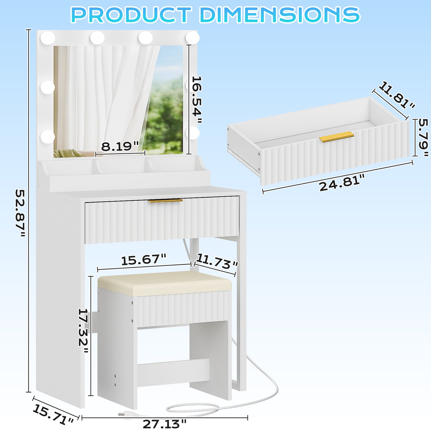SESSLIFE Makeup Vanity Table Set with Mirror and Lights, 3-Color LED Lighting, Power Strip, Drawer & 3 Compartments, Modern Grille Design Compact Dressing Table for Bedroom, White