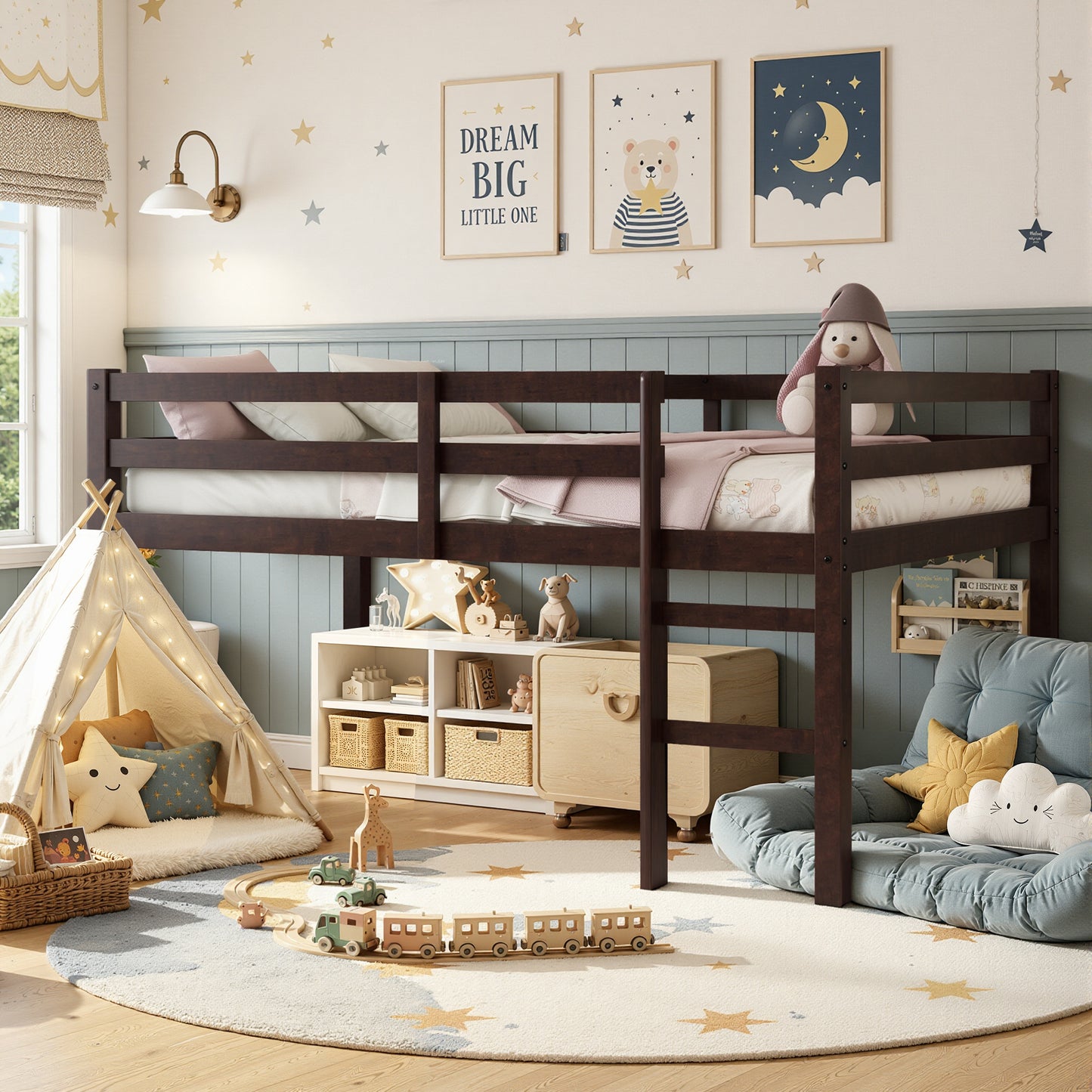 Twin Loft Bed with Ladder and Guardrails for Boys Girls, SESSLIFE Low Height Solid Wood Bed Frame, Space Saving Loft Bed with Under Bed Reading Nook, Play Area, Storage Space, White