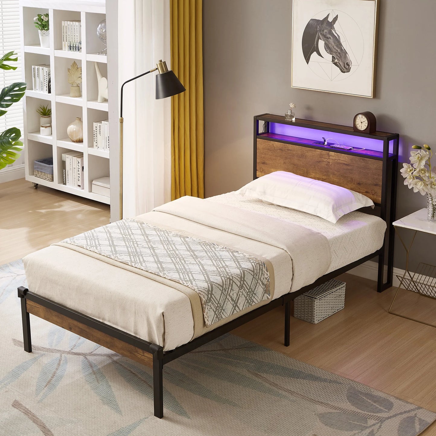 Sesslife LED Twin Size Bed Frame with Storage Headboard, Metal Platform Bed with Power Charging Station and Metal Slats, Modern Twin Bed Frame with Underbed Storage, No Box Spring Needed, Brown