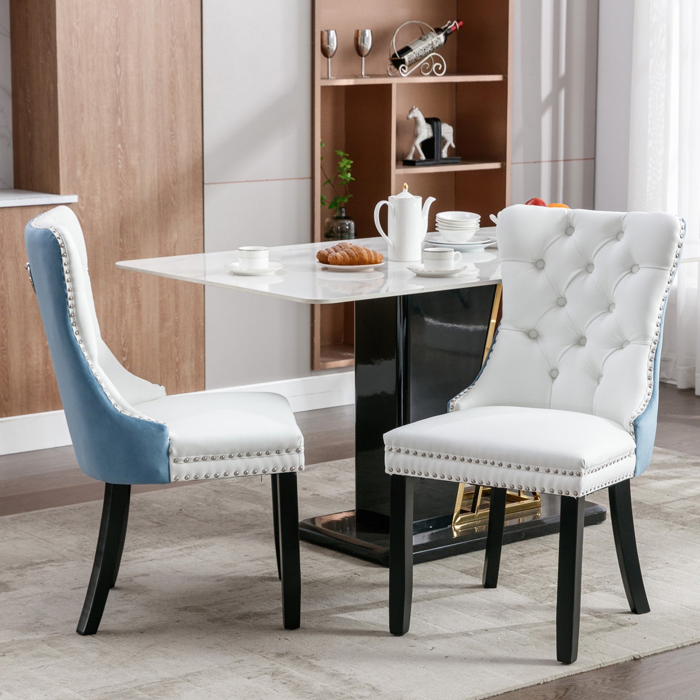 Dining Chairs, Modern Wood and PU Dining Chairs Set of 2 with Back Ring and Nailhead Trim, Upholstered Tufted Velvet Chair with Wood Legs for Dining Room, Kitchen