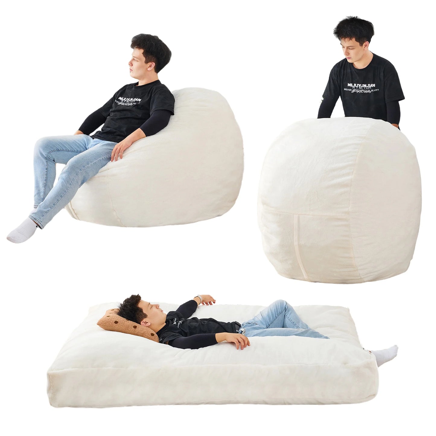 PORKISS Giant Bean Bag Chairs Bean Bag Bed for Adults, Convertible Bean Bag from Chair to Mattress, Lazy Sofa with Washable Faux Fur Cover for Dorm Bedroom Living Room, Adults Teens, White