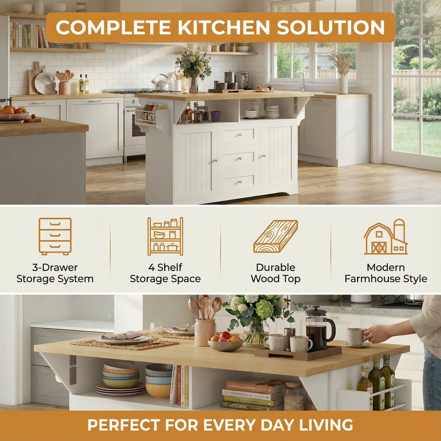SESSLIFE Kitchen Island with Power Outlet, Large Rolling Kitchen Cart with Drop Leaf Table, Mobile Storage Kitchen Workstation with Drawers, White