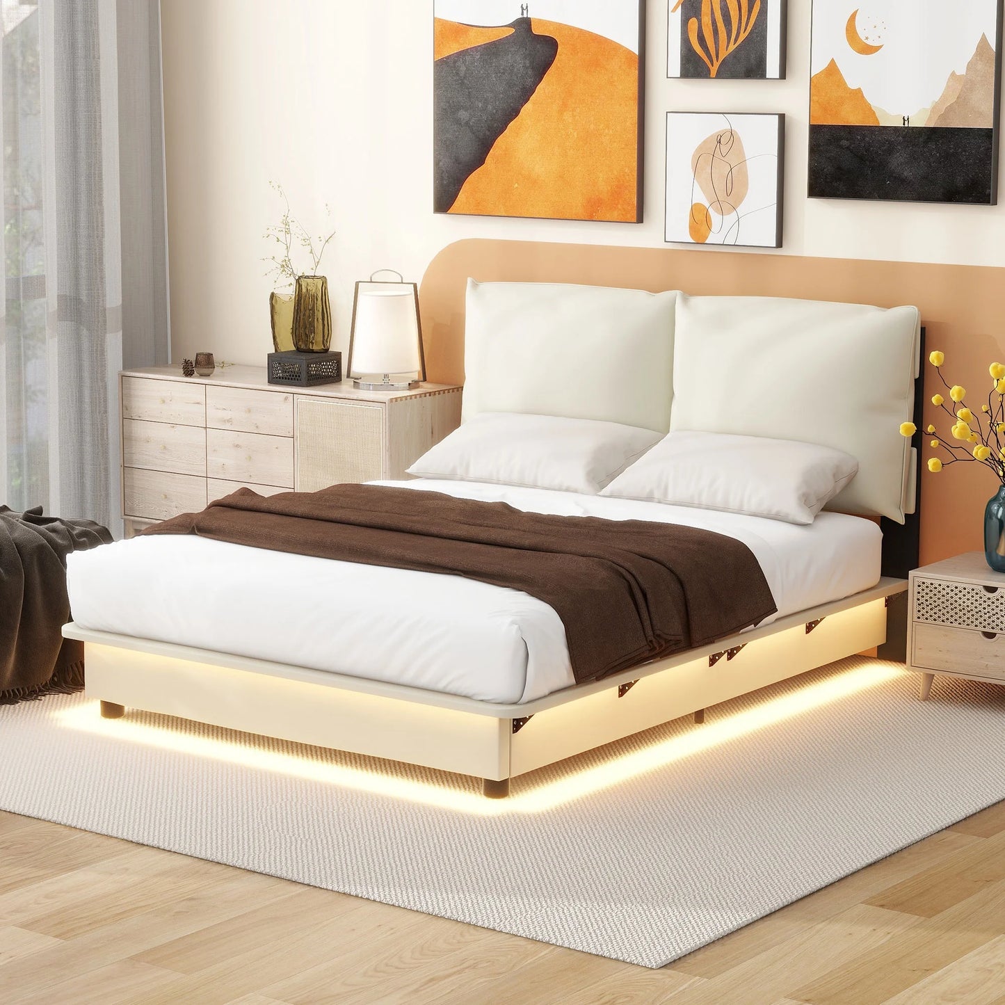 Sesslife Full Size Floating Bed Frame, Modern Upholstered Bed Frame with Smart Sensor Light, Sturdy Wood Platform Bed with Ergonomic Design Headboard, No Box Spring Needed, White