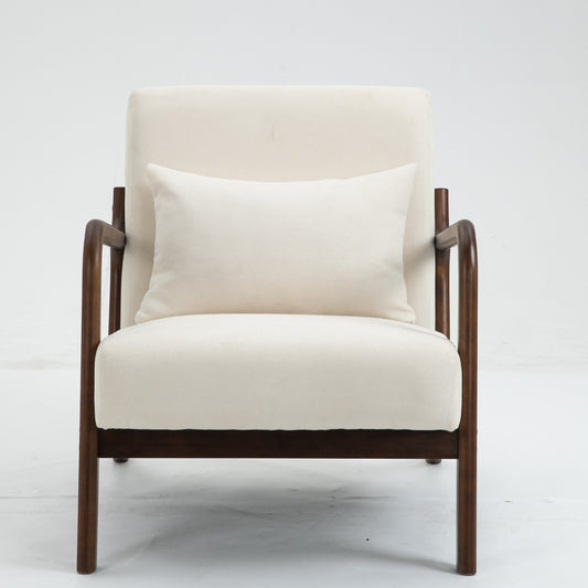 Accent Chair, Upholstered Armchair with Wood Frame, Mid Century Modern Living Room Chair with Waist Cushion, Reading Chair for Bedroom, Sunroom,White