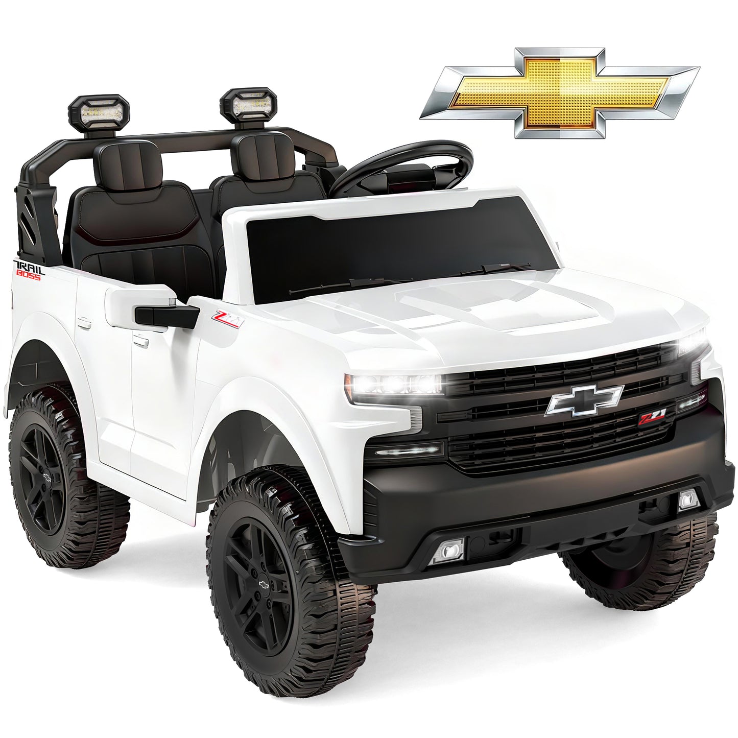 Chevrolet Silverado 24V Powered Ride On Car for Kids, 2 Seater Electric Truck with Remote Control, 90W Dual Motors, 4 Wheels Suspension, LED, Bluetooth, Ride On Toy for Boys & Girls Ages 3–8 (White)
