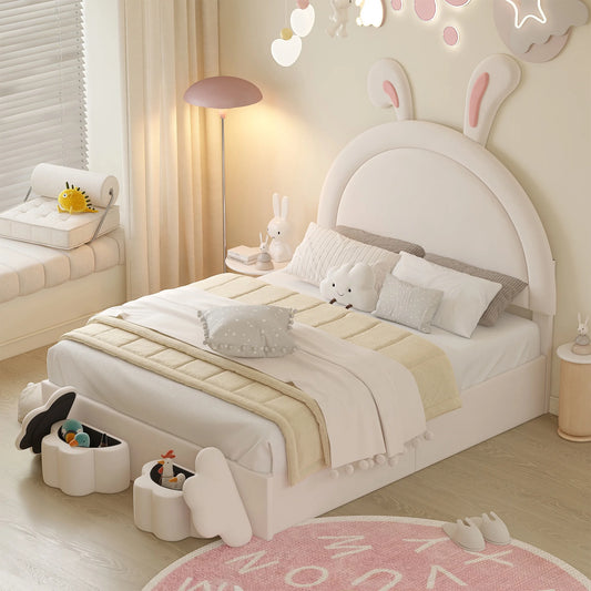 PORKISS Full Bed Frame with 2 Storage Stools, Velvet Upholstered Platform Bed with Rabbit-Shape Headboard for Kids Girls, White