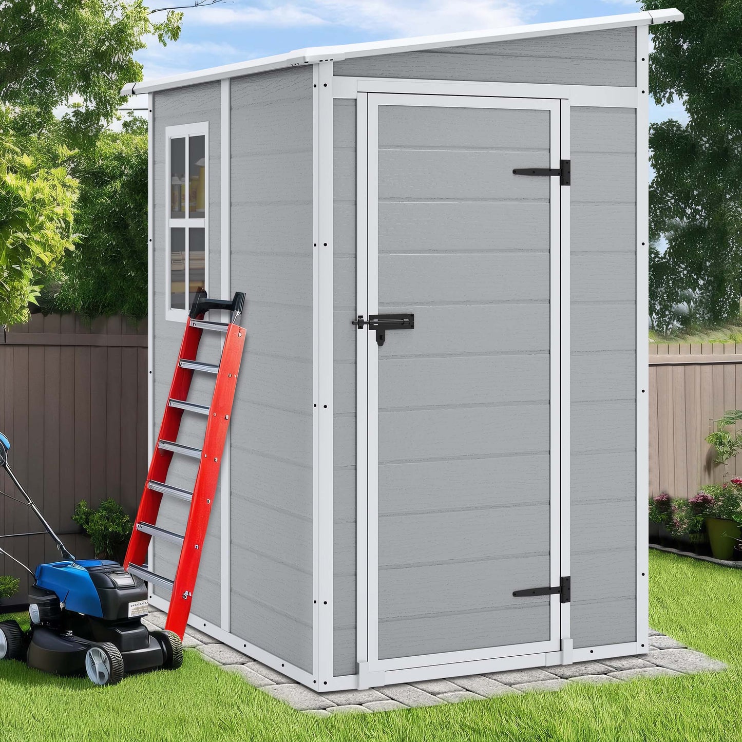 5 x 4 FT Resin Storage Shed, Outdoor Plastic Shed with Floor and Window, Resin Backyard Garden Storage Shed for Tools, Patio Furniture, Pool Accessories, Gray