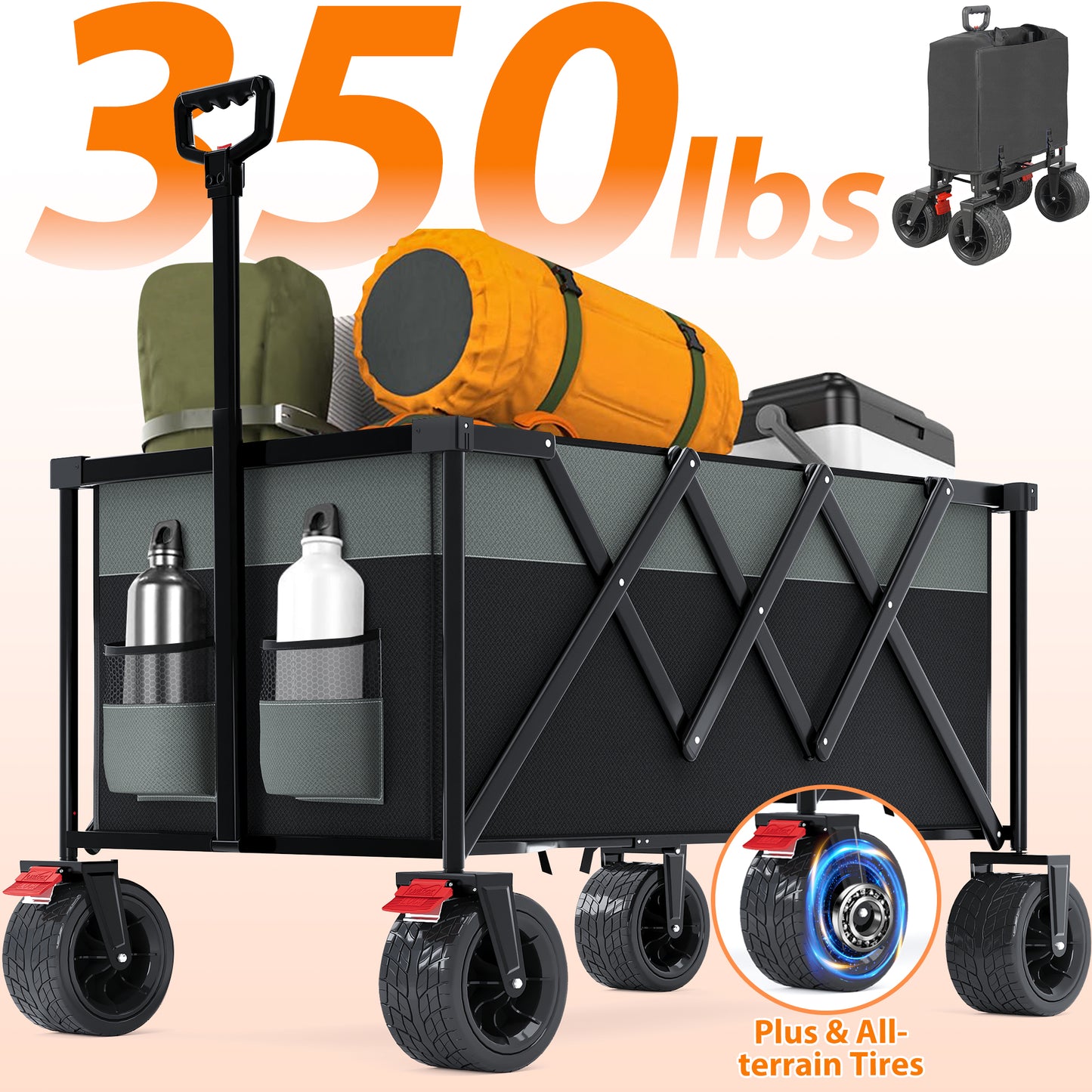 SESSLIFE Folding Beach Wagon Cart, 350LBS Capacity Camping Wagon with Big Wheels, Extra Pocket, Storage Bag and Cup Holder, Collapsible Portable Wagon Cart, Gray+Black