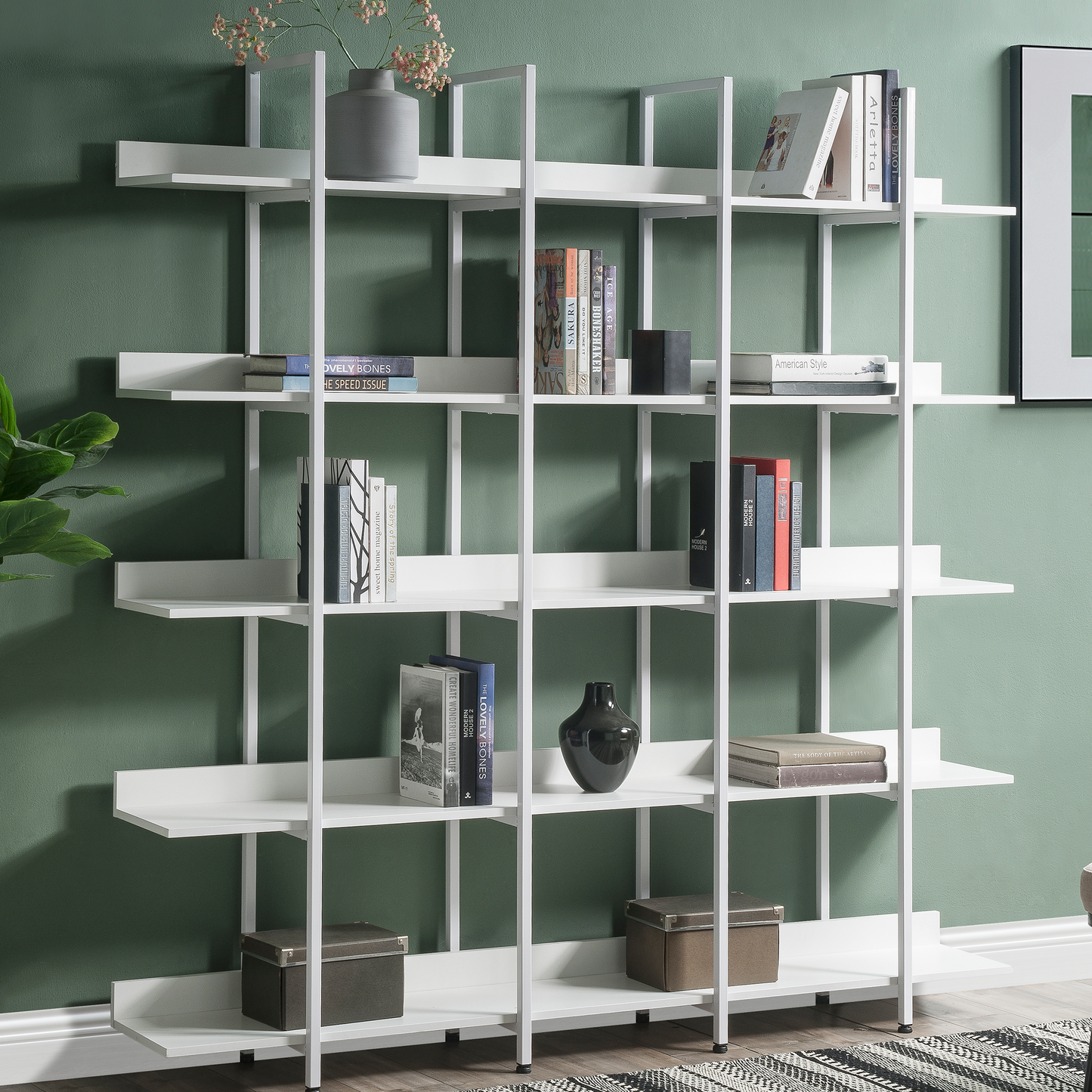 5 Tier Bookcase, Wood & Steel Open Bookshelf with Metal Frame, Vintage Industrial Style Tall Bookshelf with Open Storage, Modern Freestanding Etagere Bookcase for Home Office, White