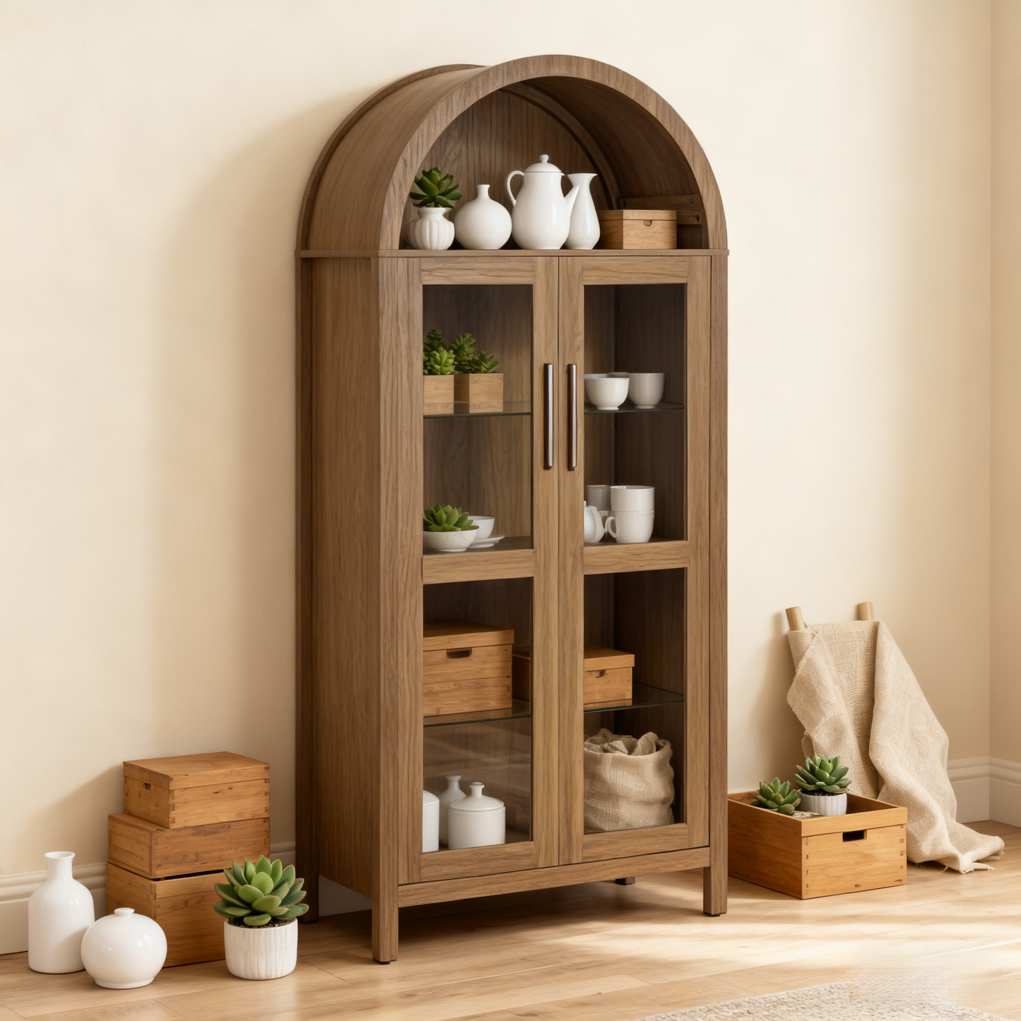 SESSLIFE 67" Arched Storage Cabinet with Light, Modern Wooden Cabinet with Adjustable Shelves, Multi-Functional Tall Kitchen Cabinet for Living Room, Black Freestanding Storage