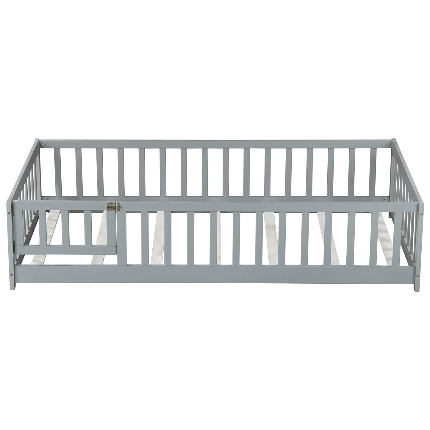 Sesslife Twin Size Floor Bed with Door and Fence, Wood Floor Platform Bed with Slats, Toddler Bed for Kids Boys Girls, Montessori Bed, No Box Spring Needed, Grey