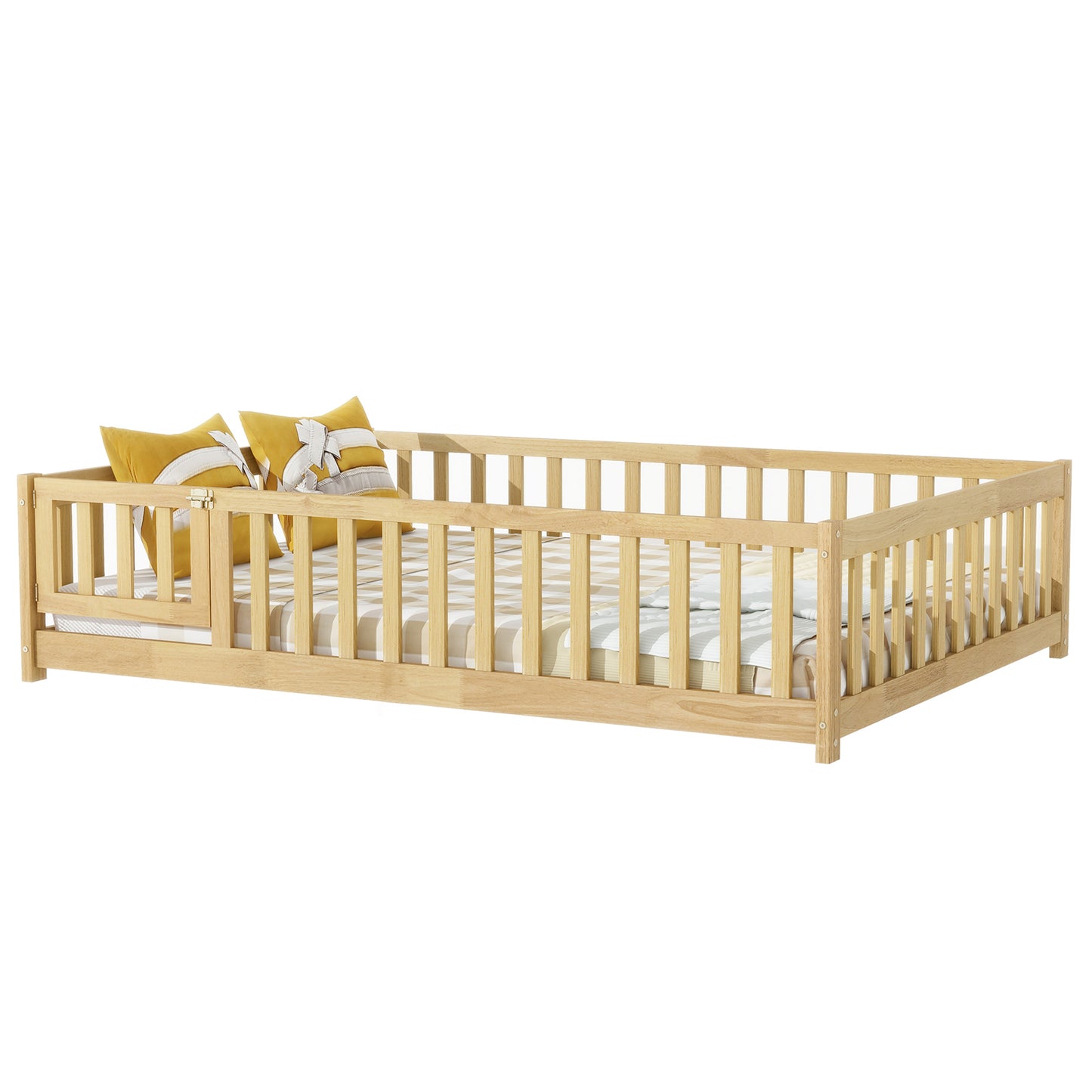 Sesslife Twin Size Floor Bed with Door and Fence, Wood Floor Platform Bed with Slats, Toddler Bed for Kids Boys Girls, Montessori Bed, No Box Spring Needed, Grey