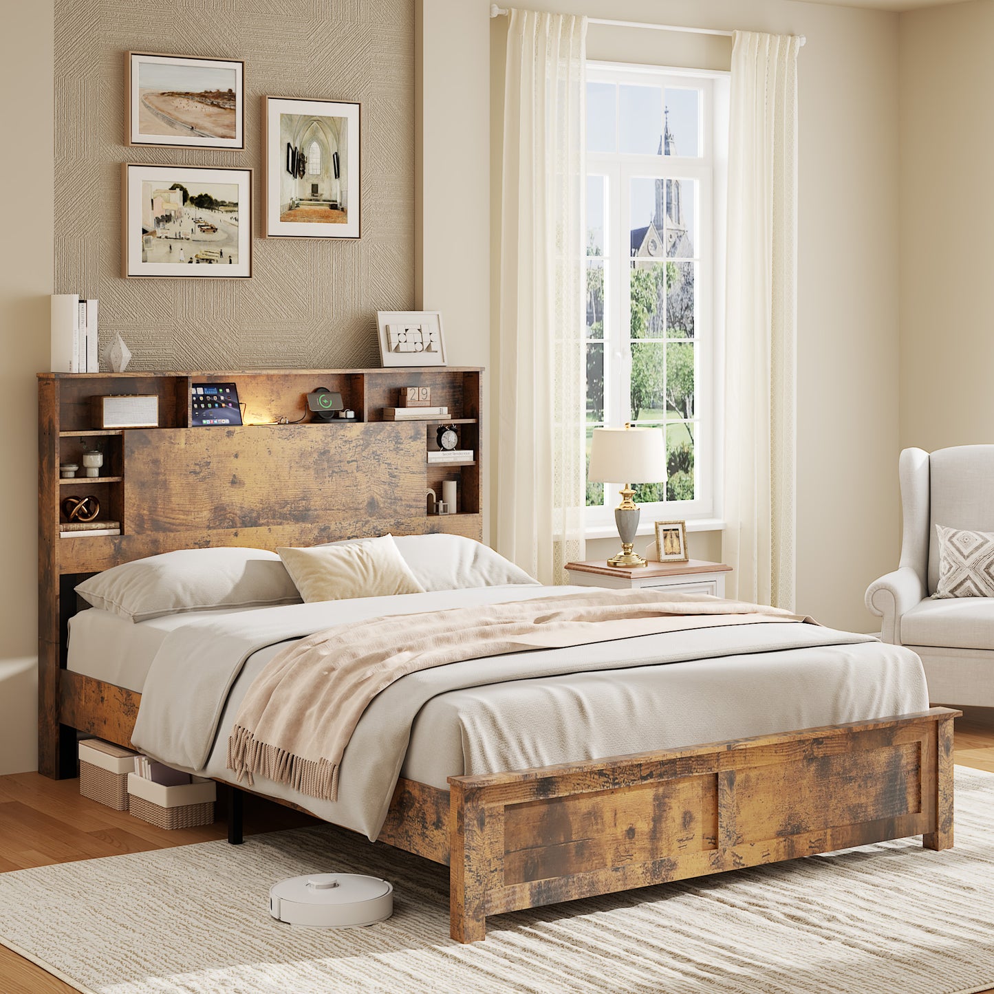 SESSLIFE Queen Bed Frame with Storage Headboard, Wood Platform Bed Frame with Charging Station, LED Lights & Bookcase Shelf, Queen Size Bed Holds up to 800lbs, No Box Spring Needed, Dark Brown