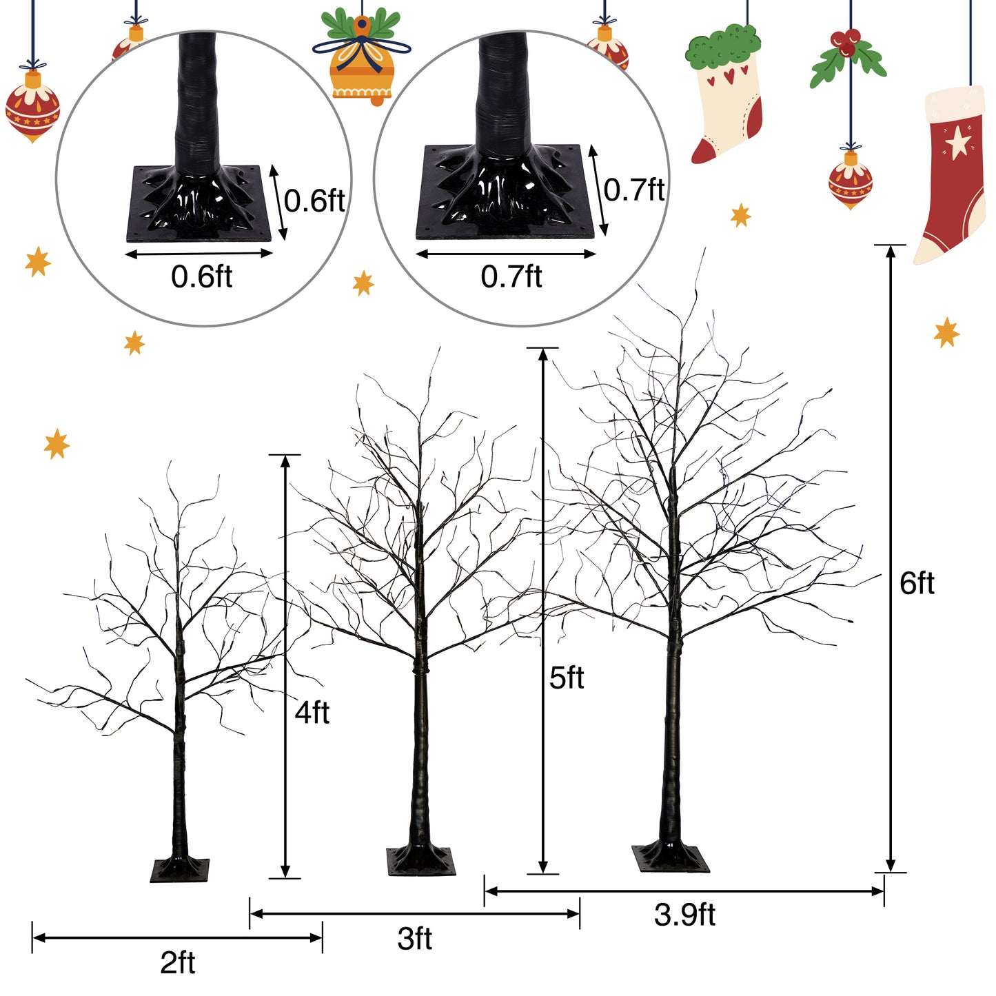 3-Piece Birch Tree with Lights - 4/5/6FT Artificial Black Prelit Lighted Tree for Hallo-ween, Weddings Indoor/Outdoor Decor, Purple LED,  Holiday Decoration