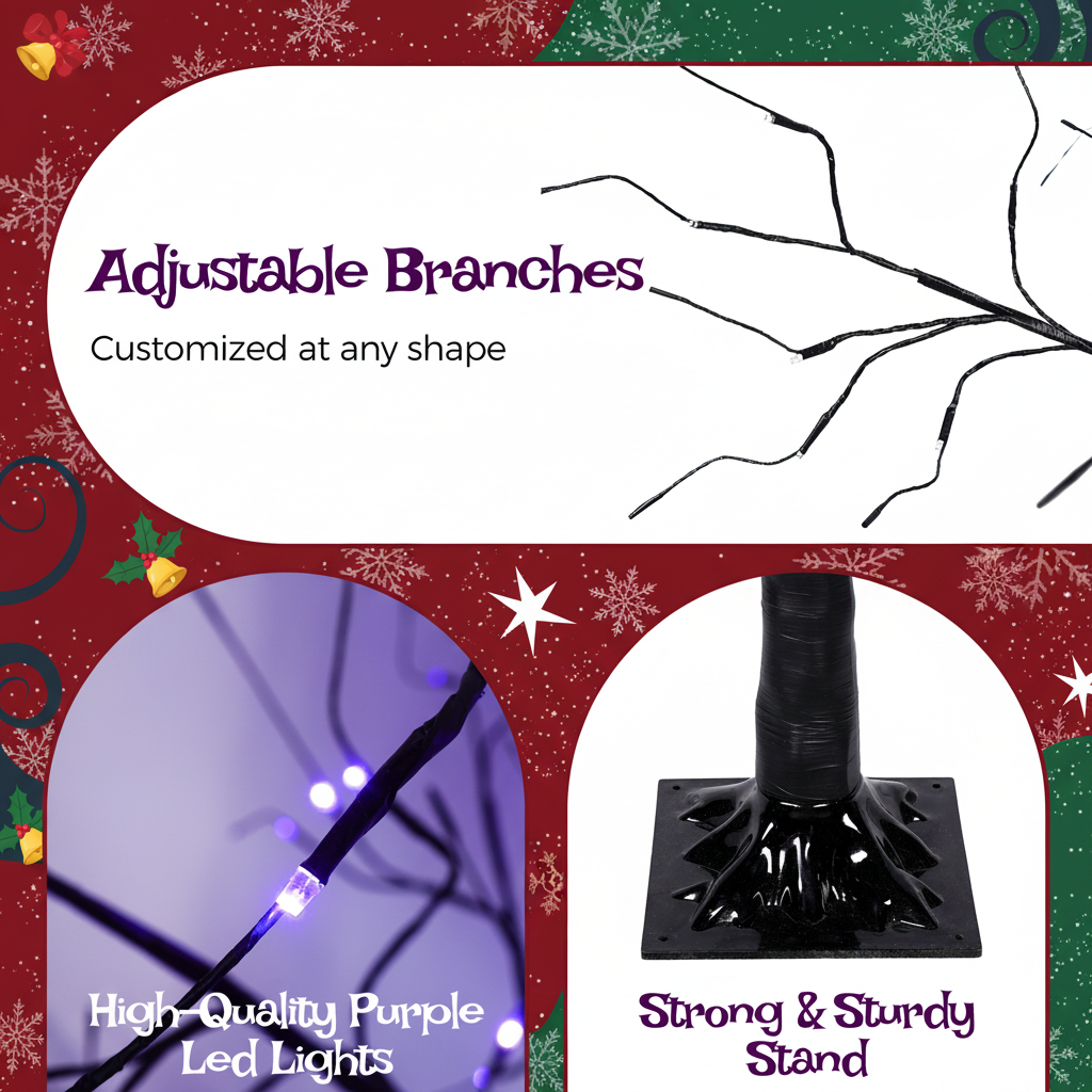 3-Piece Birch Tree with Lights - 4/5/6FT Artificial Black Prelit Lighted Tree for Hallo-ween, Weddings Indoor/Outdoor Decor, Purple LED,  Holiday Decoration