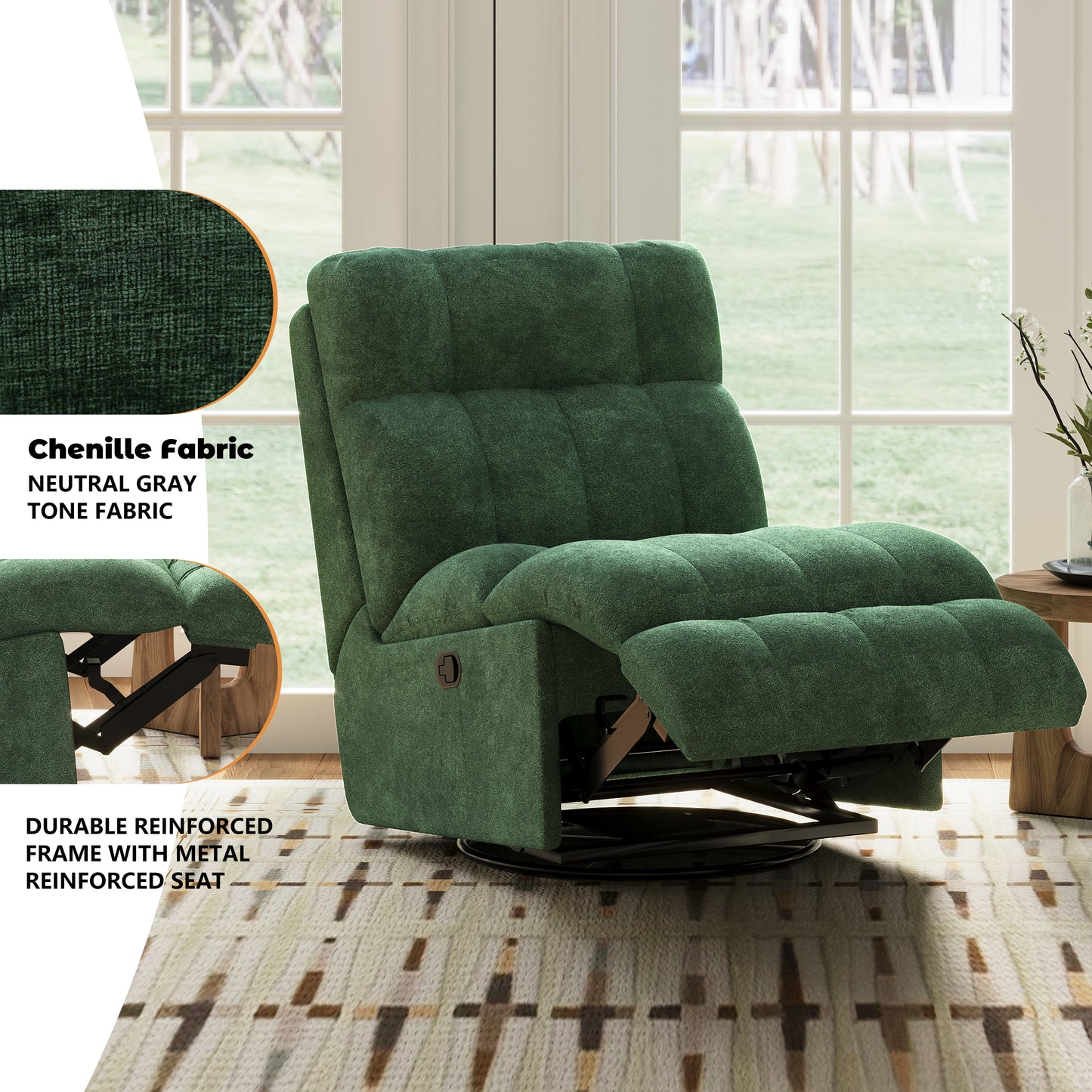 SESSLIFE 360° Swivel Rocker Recliner Chair, Chenille Manual Recliner Chair with Rocking Motion, Nursery Recliner Chair for Adults, Small Space Recliner for Living Room, Green